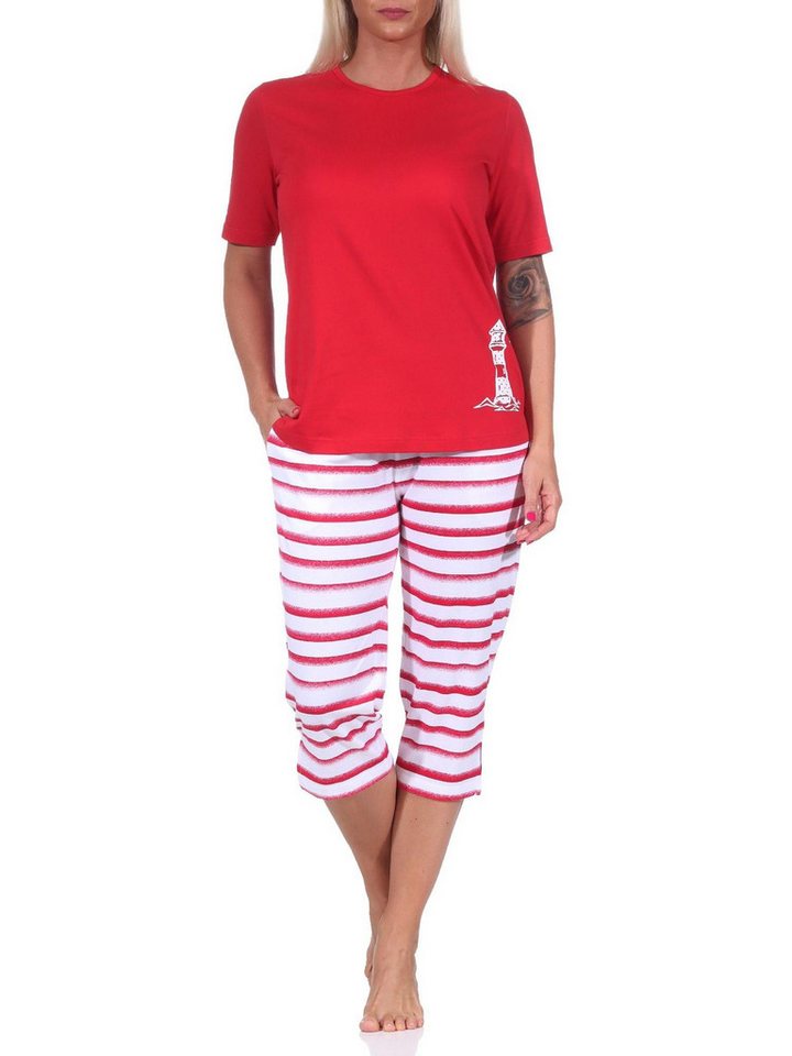 Normann Pyjama Maritimer Damen kurzarm Capri Schlafanzug, Top mit Leuchtturm Motiv
