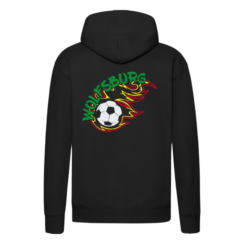 G-graphics Hoodie Wolfsburg in flames – Feuer-Fussball – mit Front- & Backprint Unisex Pullover mit einem Motiv für den echten Fan