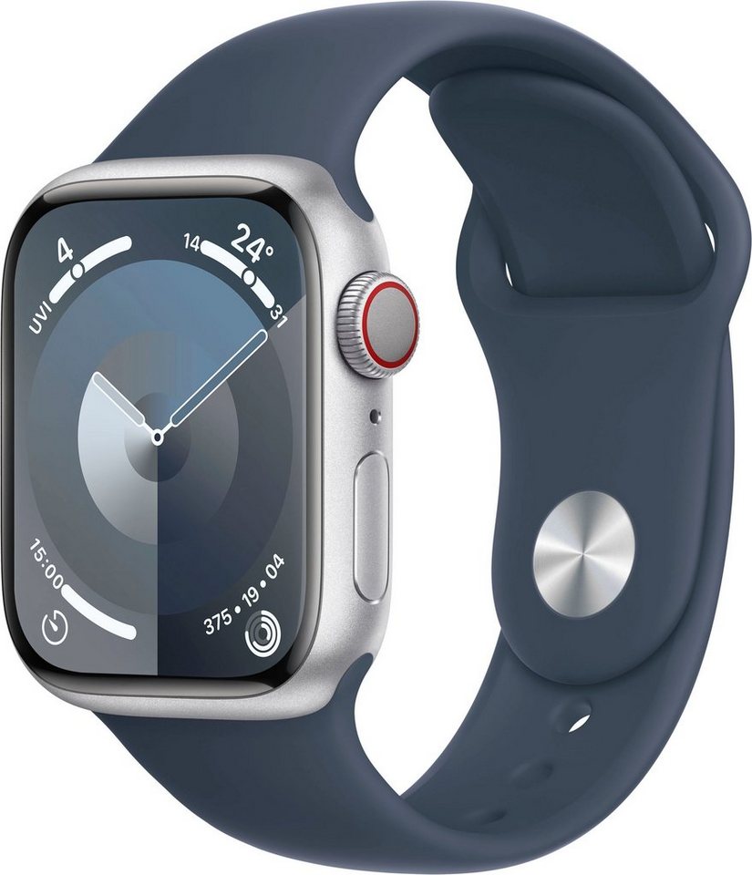 Apple Watch Series 9 GPS + Cellular 41mm Aluminium Smartwatch (4,1 cm/1,61  Zoll, Watch OS 10), Sport Band, Bruchgeschützt, nach IP6X staubgeschützt  und schwimmfest mit 50 m Wasserschutz