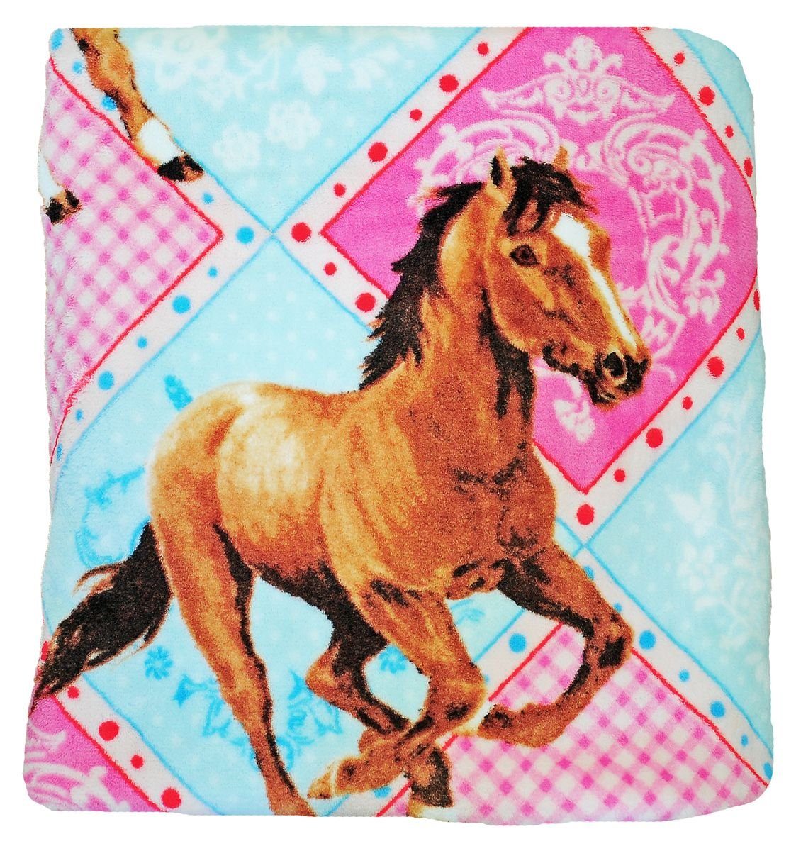 Kinder Rosa Pony kariert JACK, Fleece, 150x200cm Decke Fleecedecke Kinderdecke Hellblau Pferde Kuscheldecke Coral