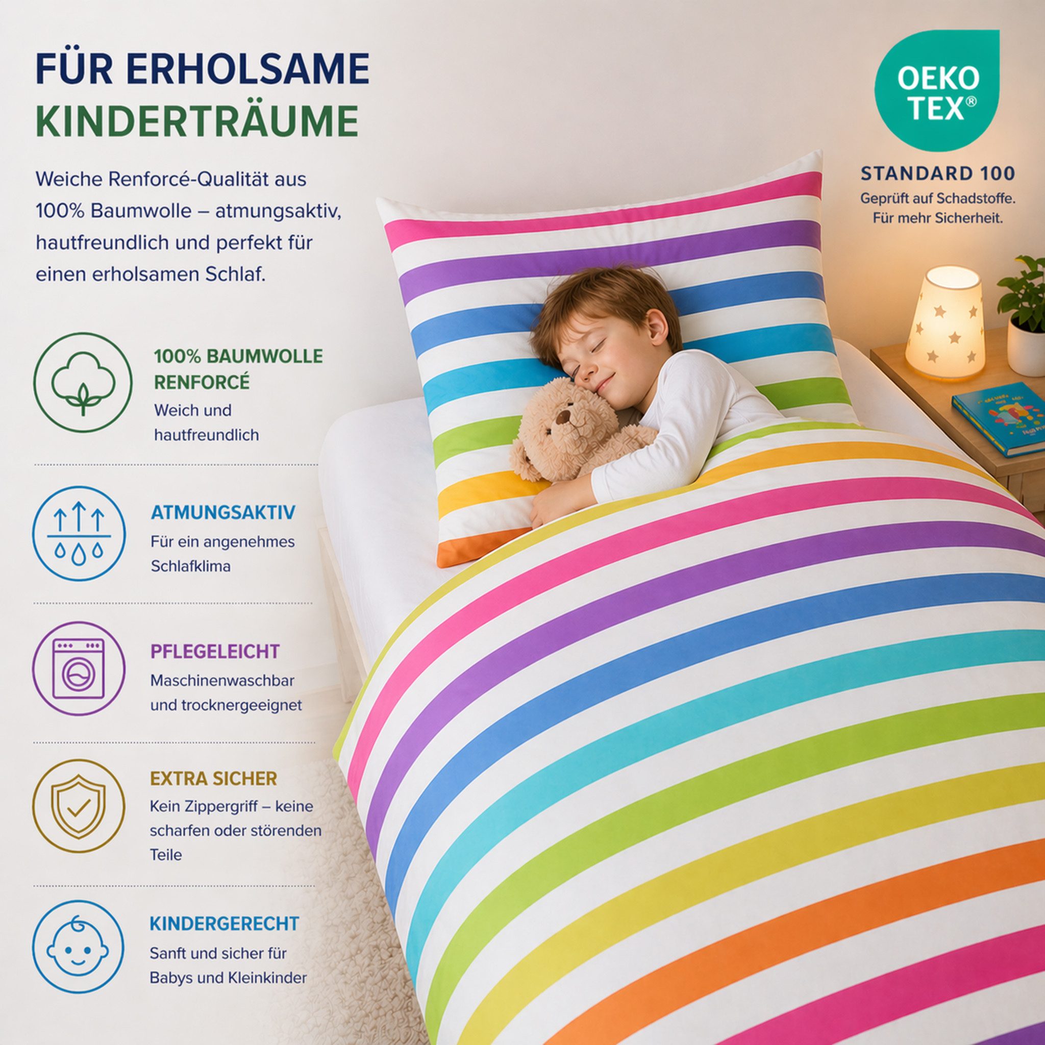 Buymax Kinderbettwäsche Rainbow Kids, Renforcé, 2 teilig, 135x200 cm, 100% Baumwolle, Reißverschluss, Kind, Regenbogen – Bild 2 von 5