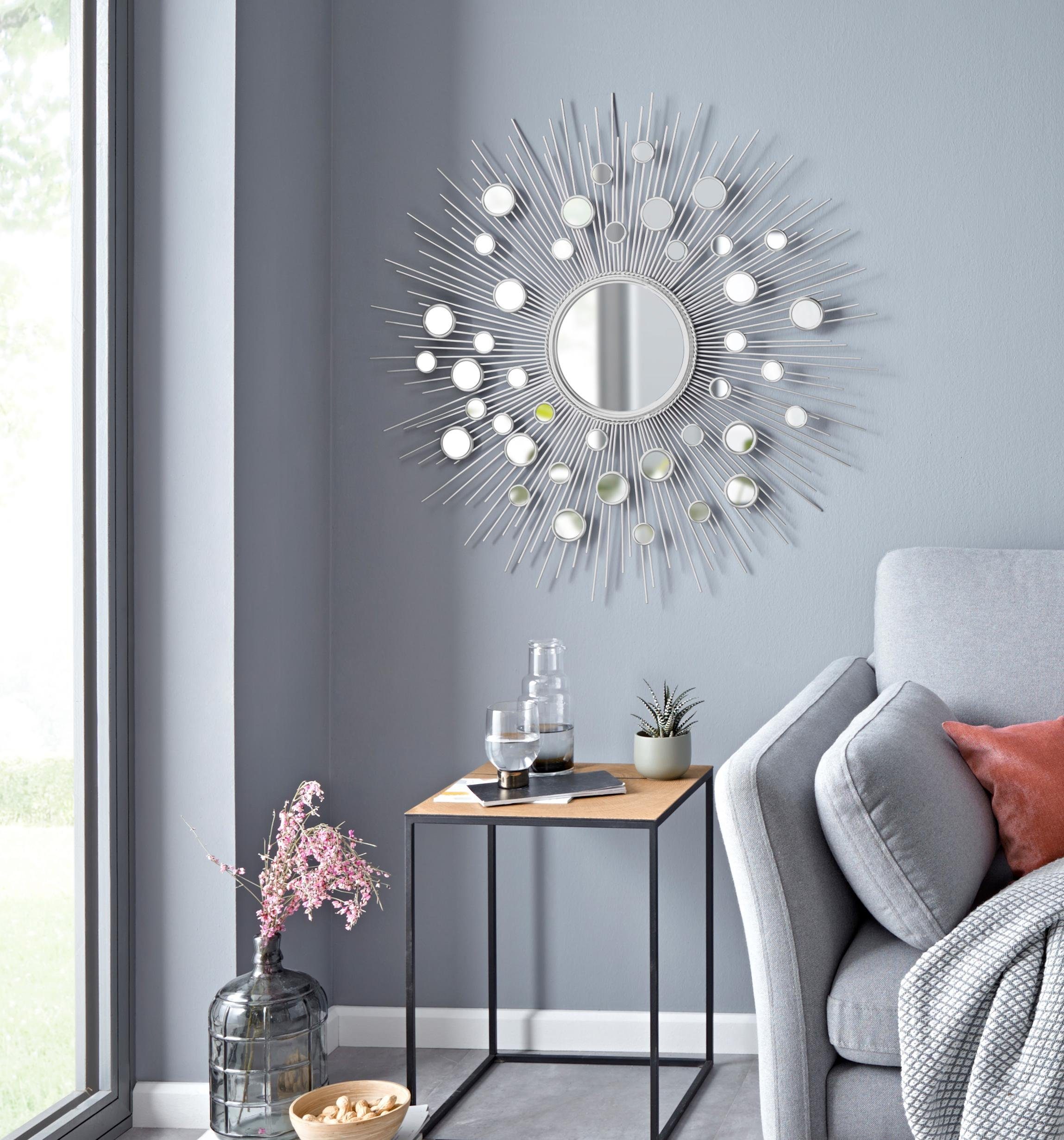 Dekospiegel Wandspiegel, Rahmen Ø Metall aus silber, Sonne, rund, Leonique 81 cm, Spiegel,