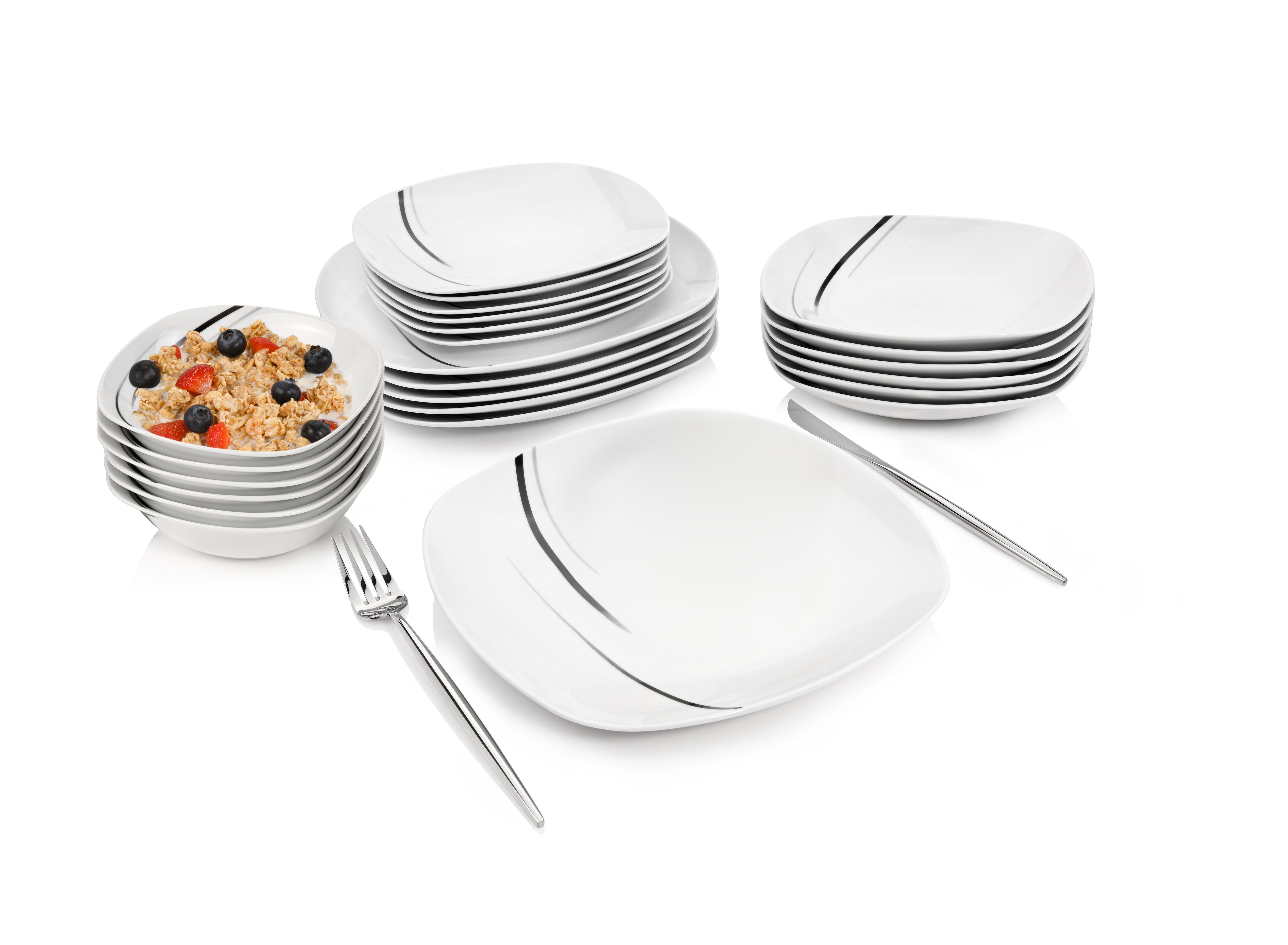 SÄNGER Kombiservice Bilgola Black Lines Geschirrset, Weiß (24-tlg), 6 Personen, Porzellan, Weiß mit schwarzen Akzenten, Premium Collection