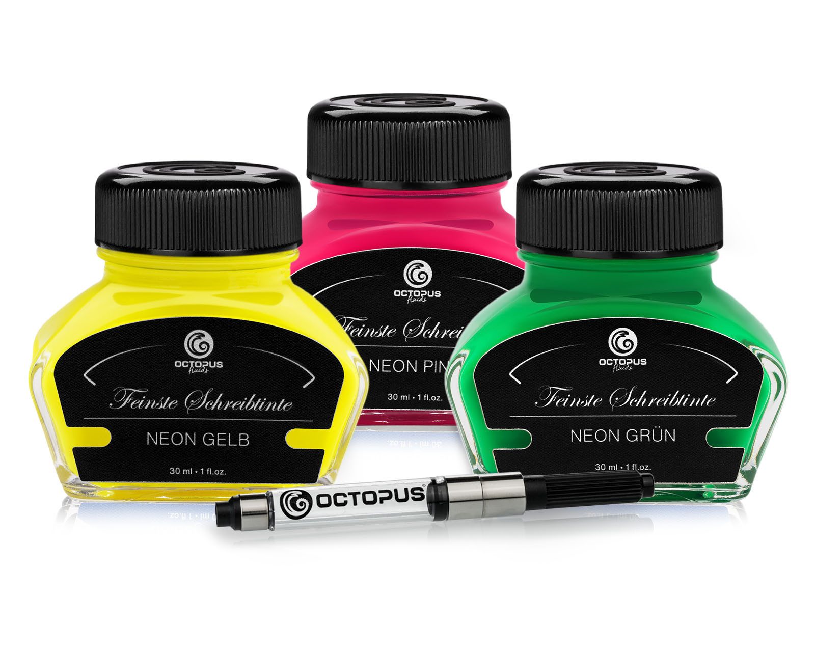 OCTOPUS Fluids 3 x 30ml Textmarkertinten-Set Neon-Gelb, -Pink, -Grün mit Konverter Tintenglas (0-tlg., Geschenkbox, Fluoreszierend, inklusive Konverter)