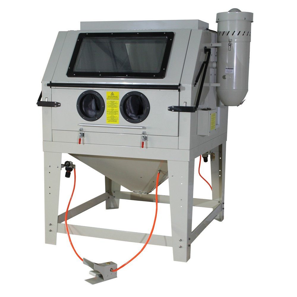 DeTec. Sandstrahlkabine mit Fußpedal, Sandstrahlgerät 1200l 230V, max. 8 bar, inkl. Absaugung, Öffnungsklappe und Sandstrahlpistole mit 6 Düsen