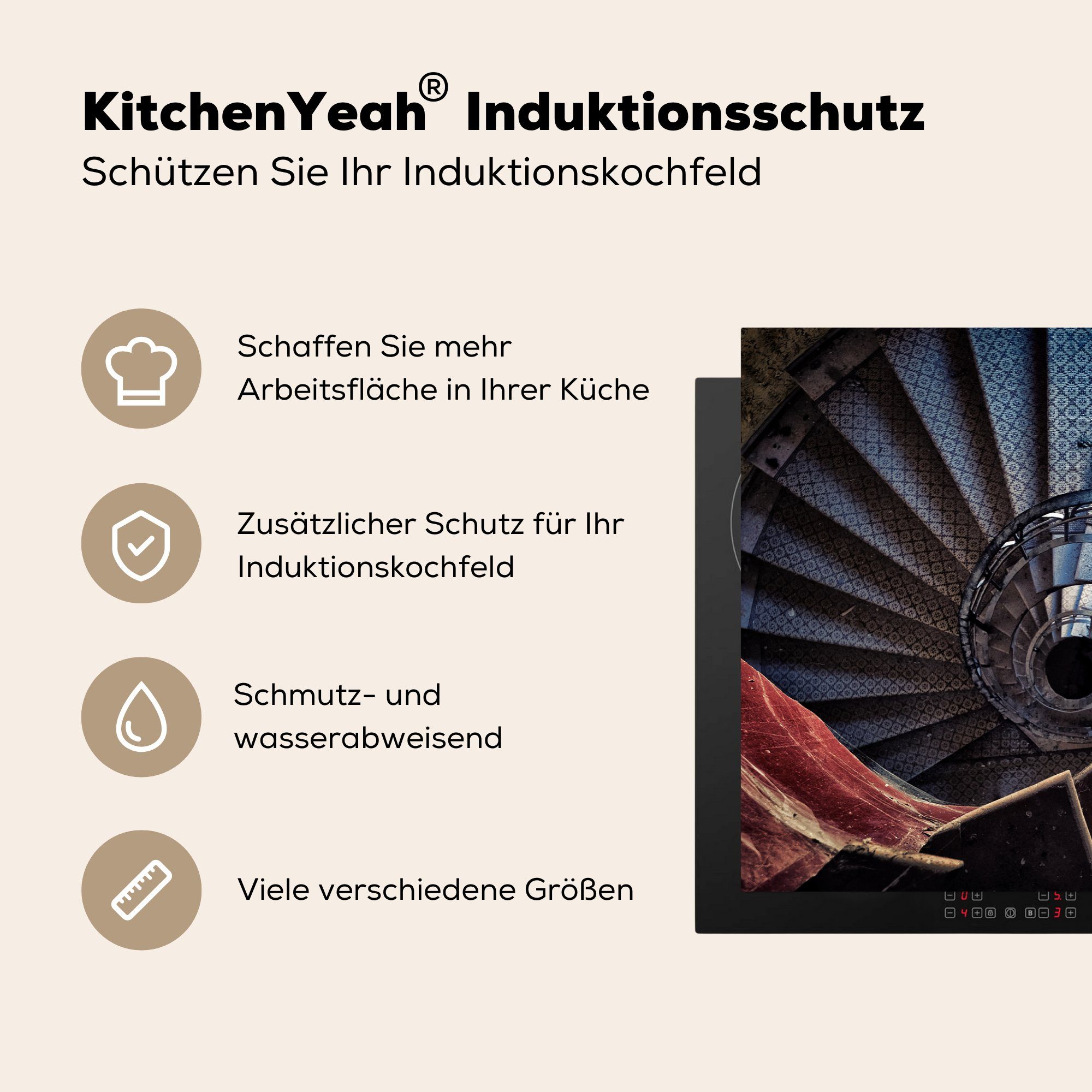 81x52 einem küche, Vinyl, Induktionskochfeld Deutschland, tlg), (1 Ceranfeldabdeckung Schutz für Wendeltreppe die in Eine Schloss in MuchoWow cm, Herdblende-/Abdeckplatte alten