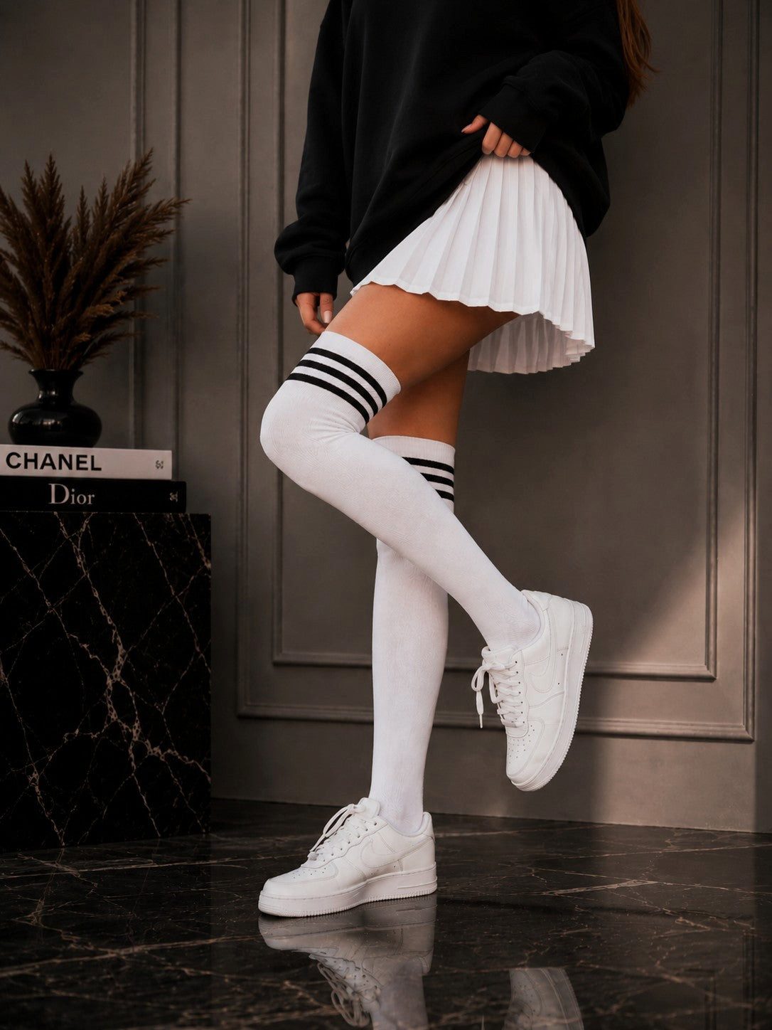 Lycille Overknees Modern College Overknees 37/41 –Premium Baumwolle Triple-Stripe Design