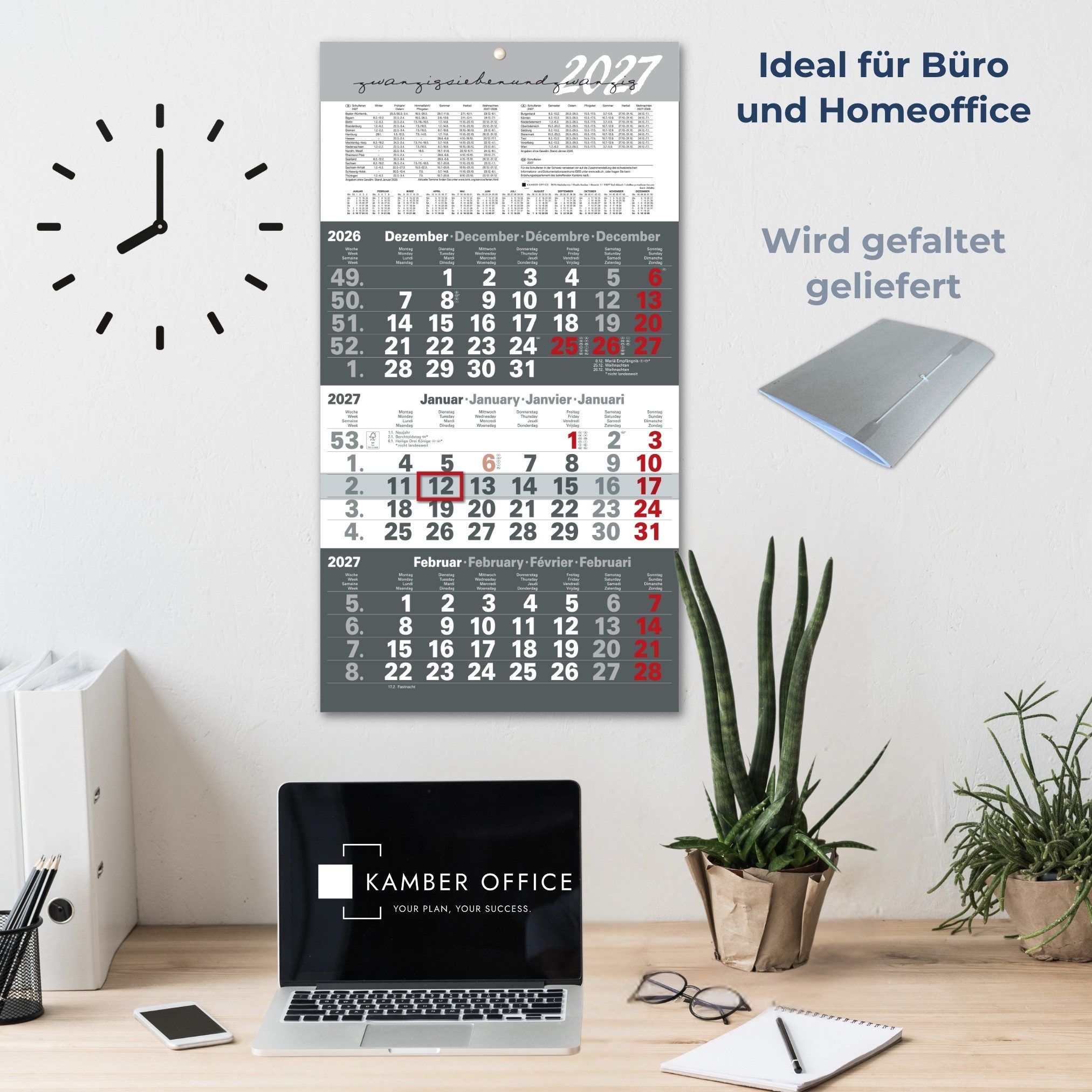 Kamber Office Wandkalender 3 Monatskalender 2027 mit Schieber Büro Kalender, Großer Kalender 2027, Dreimonatskalender 2027 groß mit Datumsschieber Jahreskalende – Bild 2 von 5