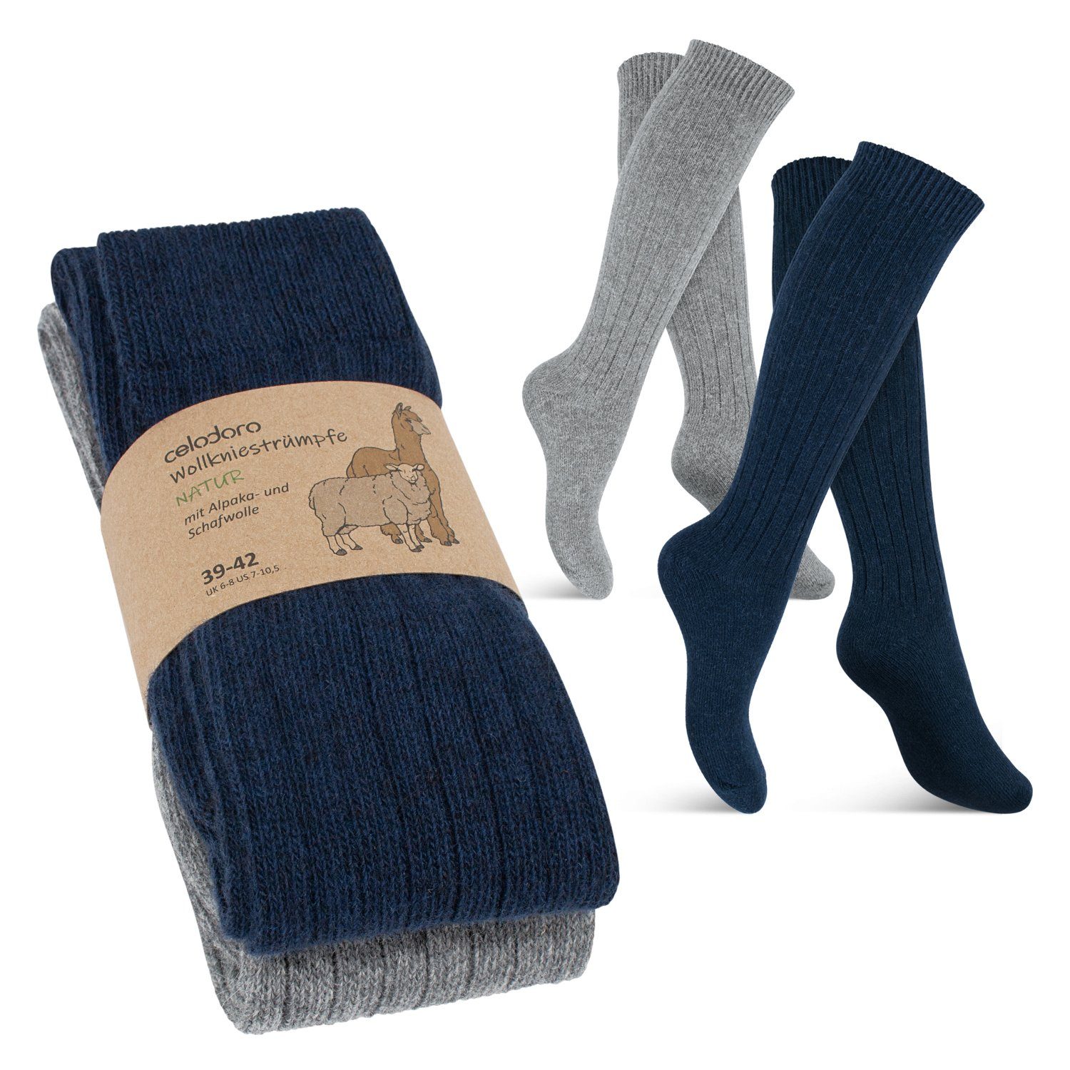 Freizeitsocken Wollsocken celodoro Knie Kniestrümpfe Damen mit & Herren Alpaka Marine-Grau &