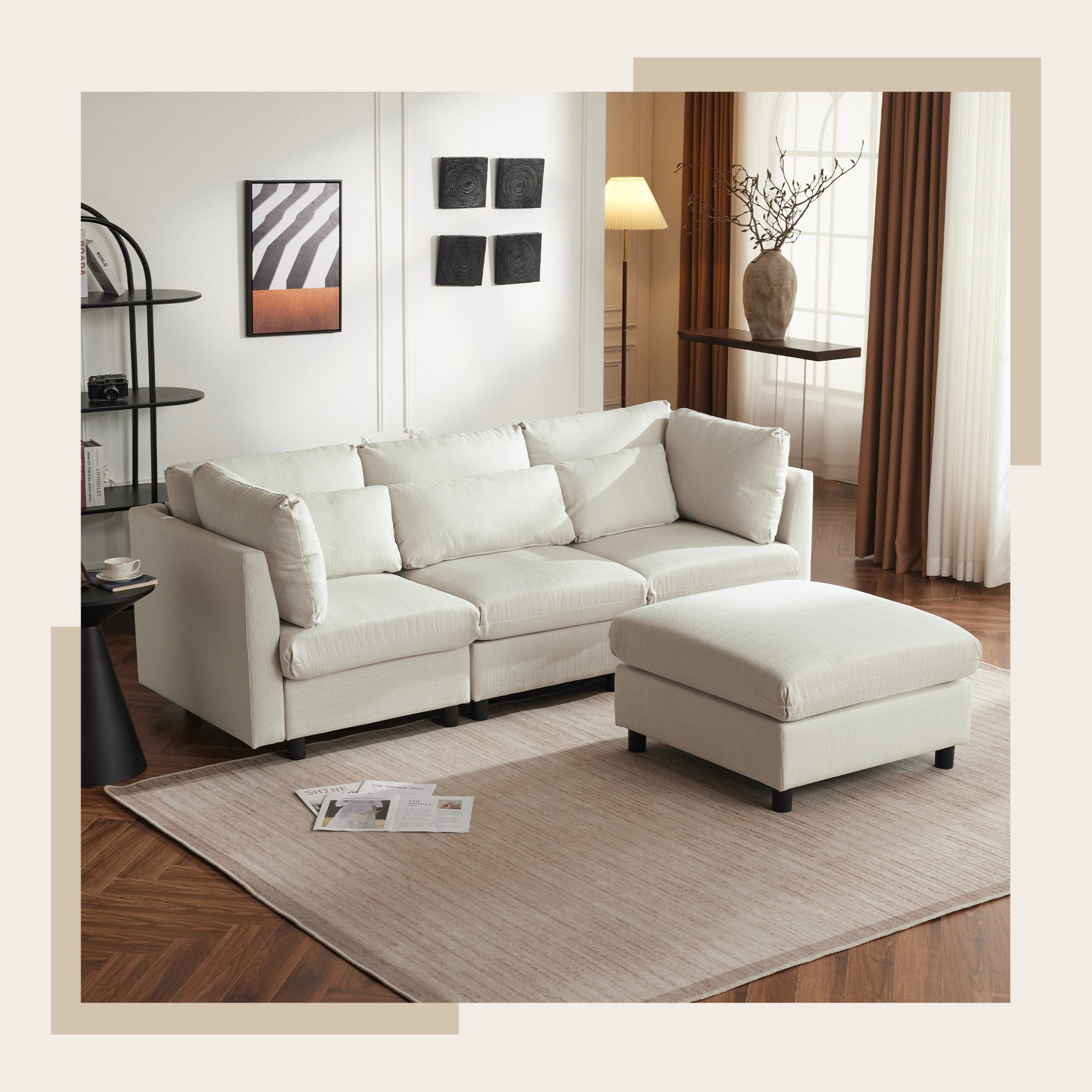 SeedWave Sofa L-förmiges 3-Sitzer-Sofa mit abnehmbare Fußhocker und Lendenkissen, Leinen-Polstersofa mit Lendenkissen,Recamiere Für das Wohnzimmer