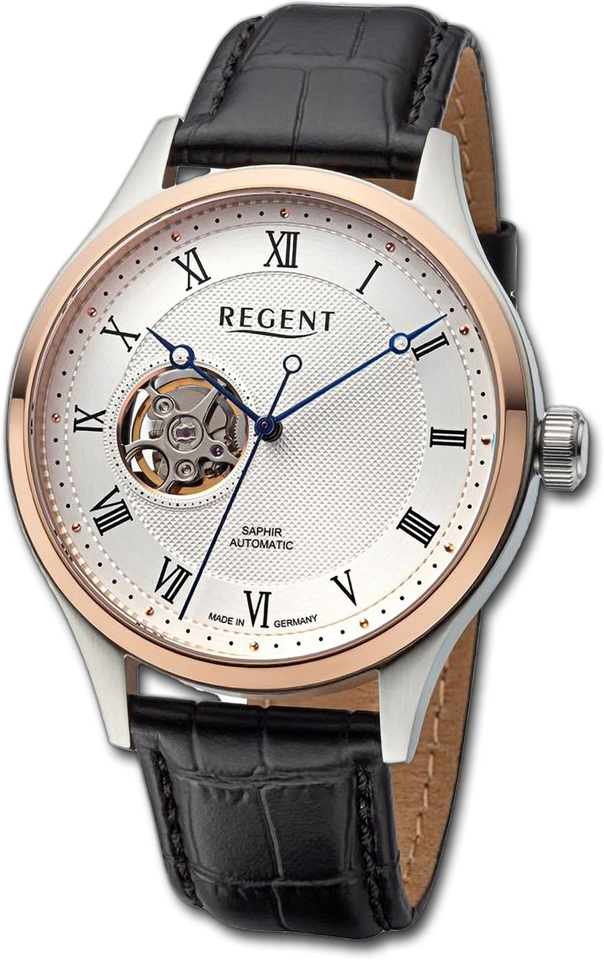 Regent Quarzuhr Regent Herren Armbanduhr Analog, Herrenuhr Lederarmband schwarz, rundes Gehäuse, extra groß (ca. 42mm)