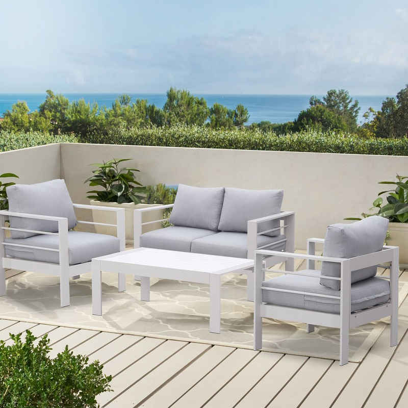 MeXo Gartenlounge-Set Aluminium Gartenmöbel Set, (Balkonmöbel, 4-tlg., Sitzgruppe mit 2-Sitzer-Sofa, 2 Sessel, Tisch), Terrassenmöbel Set Lounge für 4 Personen