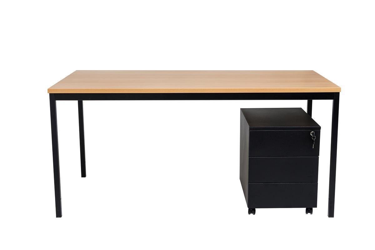 Furni24 Schreibtisch Schreibtisch und Stahl Rollcontainer, 3 Schübe, Buche, 200x80x75 cm