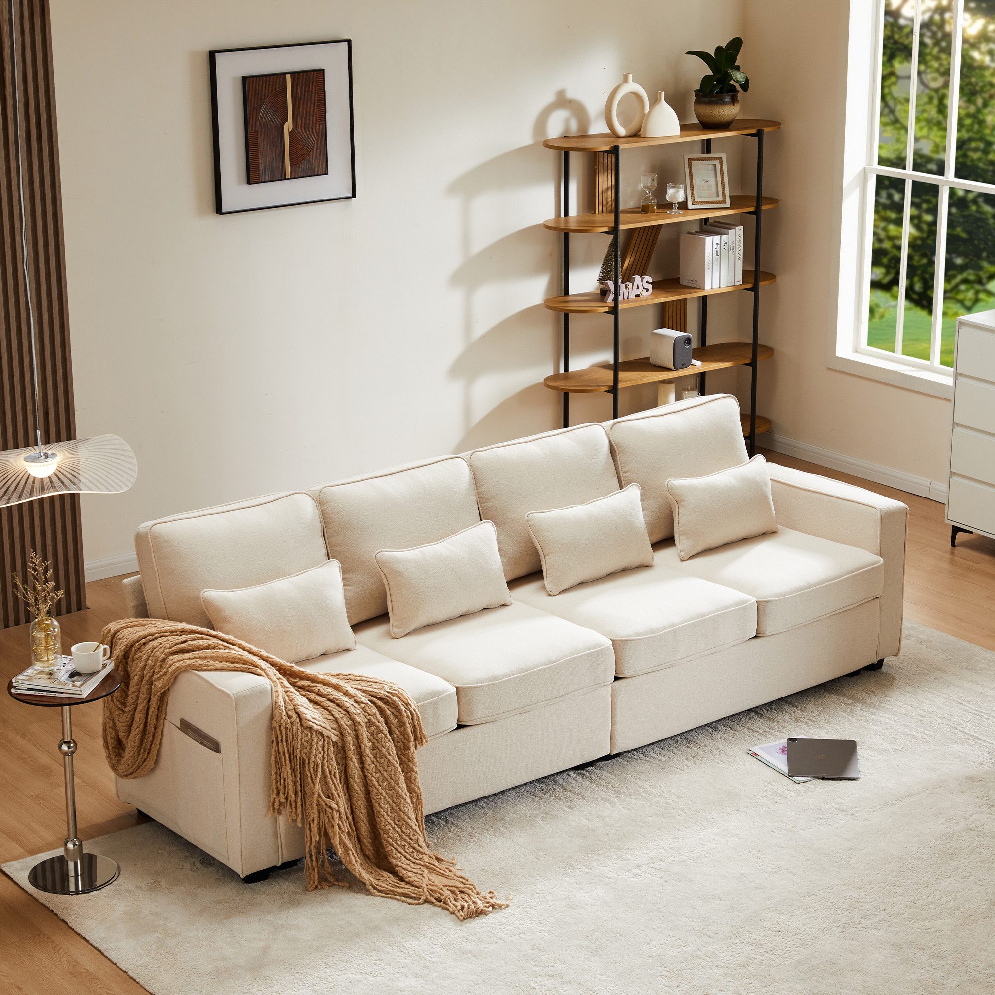 HAUSS SPOLE Ecksofa Schlafsofa mit 4 Kissen, Seitentaschen, Hochelastischer Schwamm, Viersitzer-Sofa mit Armlehnentaschen und 4 Kissen, einfaches Sofa für Wohnzimmer, Wohnung, Büro