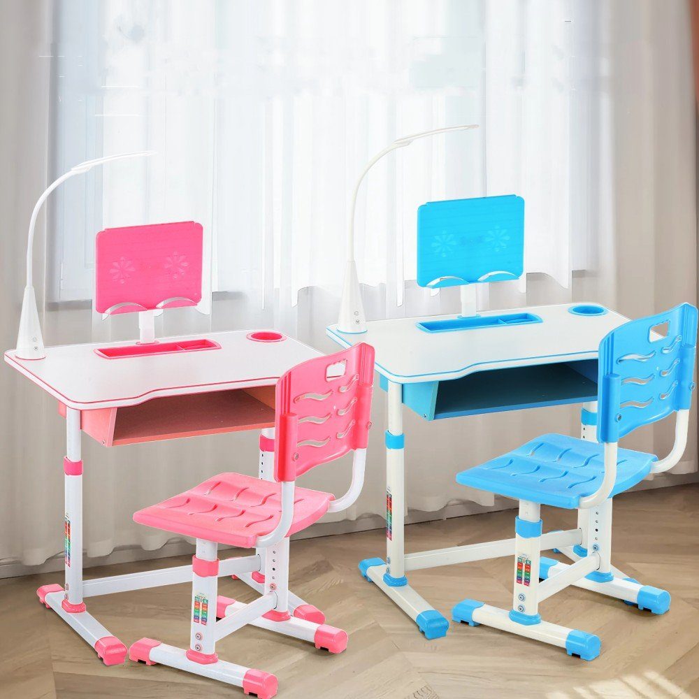 LETGOSPT Kinderschreibtisch höhenverstellbarer Kindertisch & Stuhl mit Schublade, Bücherständer, Schülerschreibtisch Set, Kinder Schreibtisch für Jungs & Mädchen Blau- mit lamp