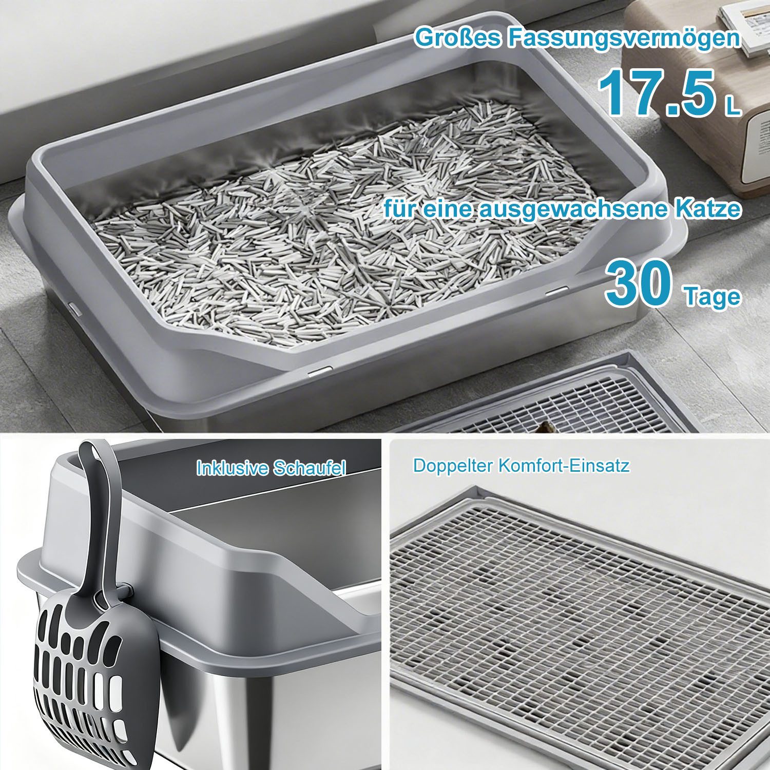 SURFOU Katzentoilette Edelstahl Katzentoilette Stainless Steel Litter Box 50 x 35 x 20cm, mit Katzenstreumatte Katzenstreu High-Sided Katzenklo Edelstahlklo