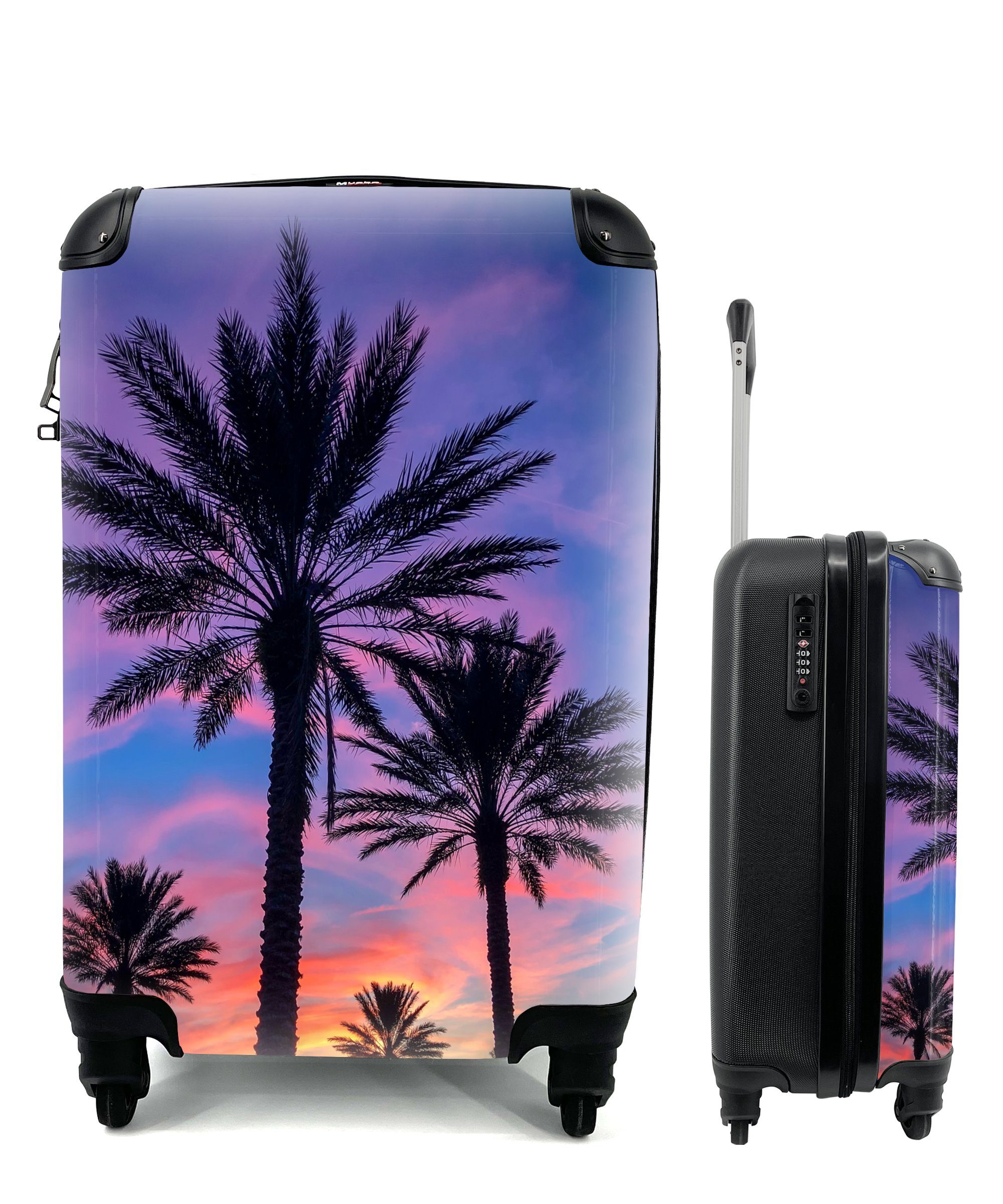 MuchoWow Handgepäckkoffer Palmen und ein Sonnenuntergang, 4 Rollen, Reisetasche mit rollen, Handgepäck für Ferien, Trolley, Reisekoffer