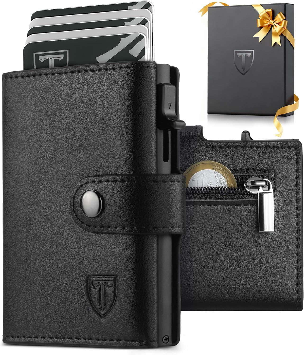 TEEHON Geldbörse Geldbeutel Herren RFID Blocking Kunstleder (Portmonee Herren mit 5 Kartenetui, Geldbörse mit Geldscheinfach), Münztasche & ID-Fenster Knopfverschluss - Schwarz