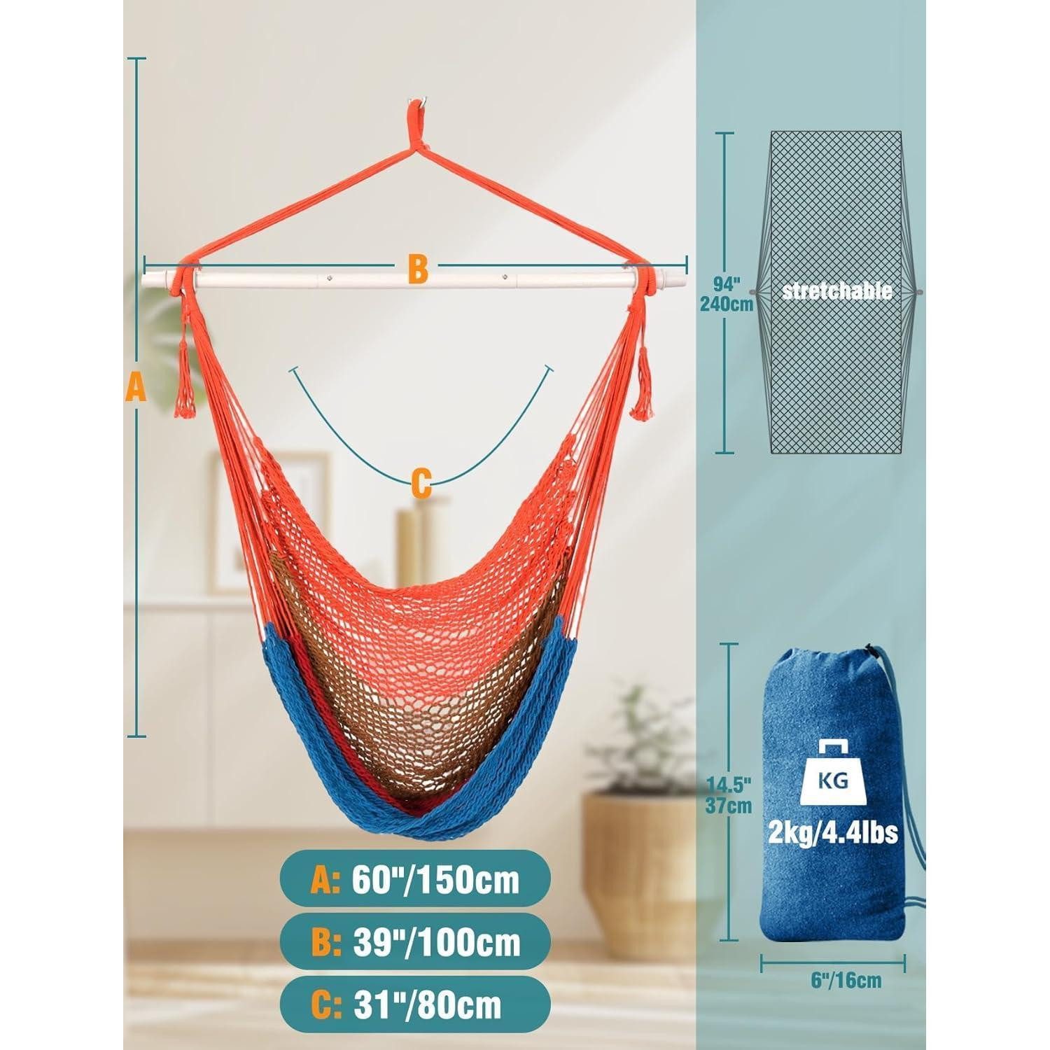 LuxusKollektion Hängesessel Hängesessel Baumwollseil Netz 240x80cm Orange Braun Rot Blau – Bild 3 von 5