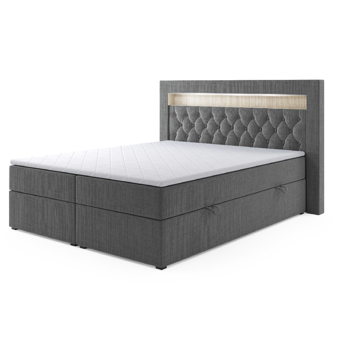M-Punkt24 Boxspringbett Boxspringbett Paris 180x200cm Grau Schwarz Bettkasten LED H3 (Liegefläche 180 x 200 cm), inkl. Bettkästen und Topper, Kopfteil mit LED