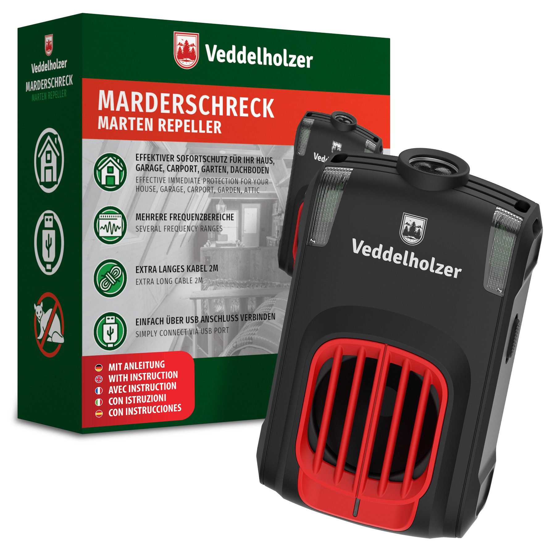 Veddelholzer Ultraschall-Tierabwehr Marderabwehr mit USB Stecker Ultraschall & LED Blitzlichter Haus, für Dachboden, Haus, Garage, Carport, Keller, Gartenhütte UVM 1-tlg., auf natürliche Weise Marder vertreiben, für 70m² Marderschreck