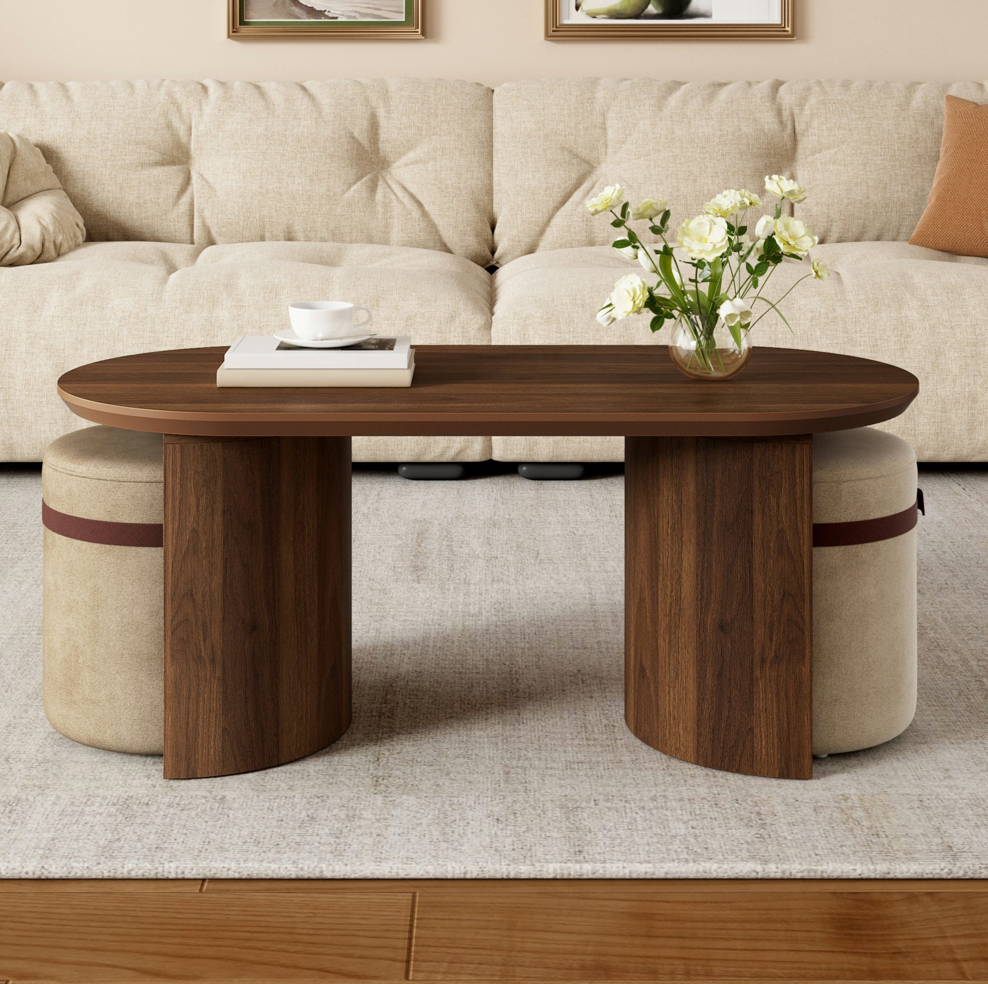 REDOM Couchtisch Design-Tisch-Set – oval, 2 Hocker & Walnuss-Optik (Packung, 1-St., Walnuss, 108×50×44 cm, für moderne Räume), MDF, gepolstert, moderne Optik, flexibel