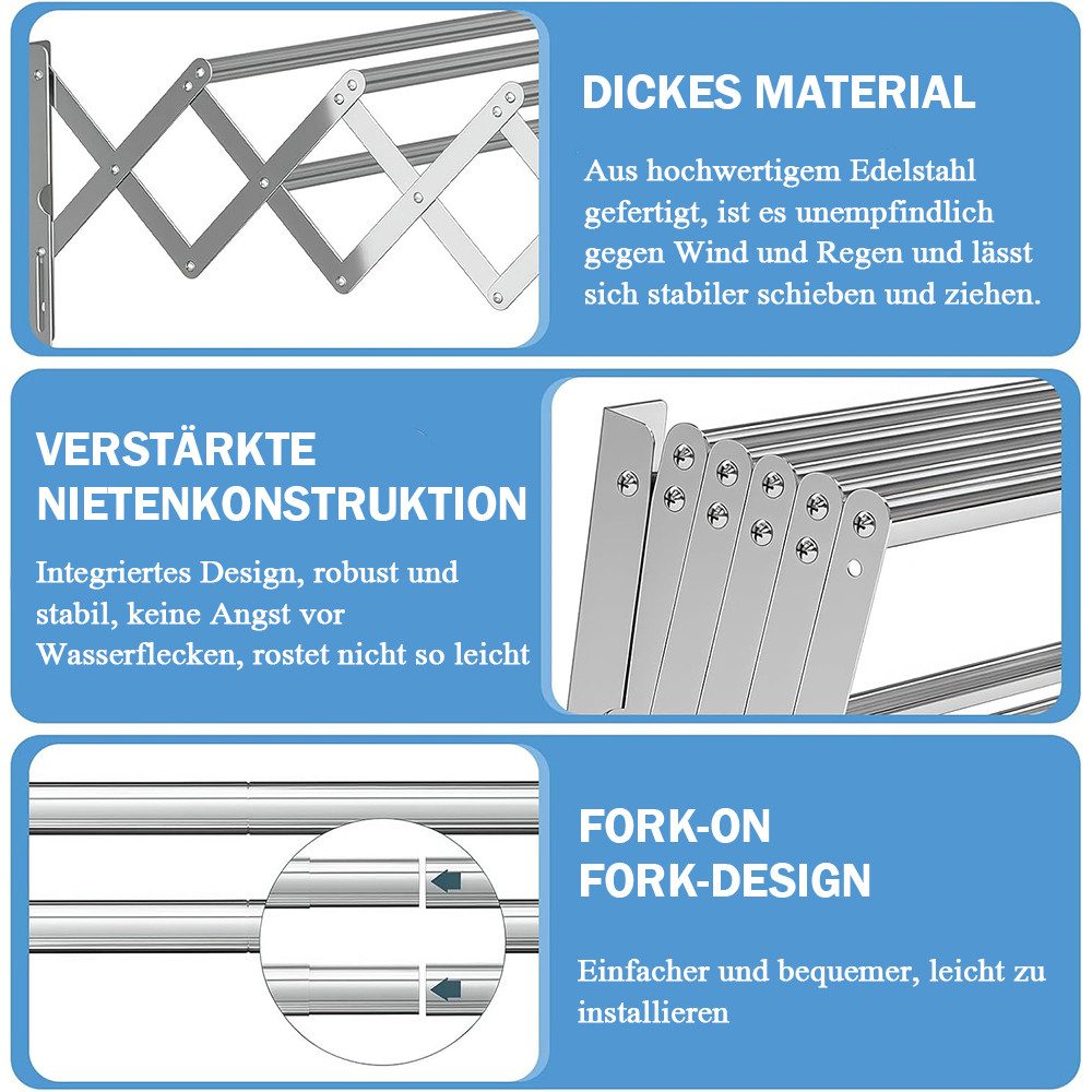 TUWENA Wandwäschetrockner Wäscheständer Wandmontage, Wandtrockner Ausziehbar mit 7 Stangen, zusammenklappbarer Edelstahl-Handtuchhalter für Innen & Außenbereich