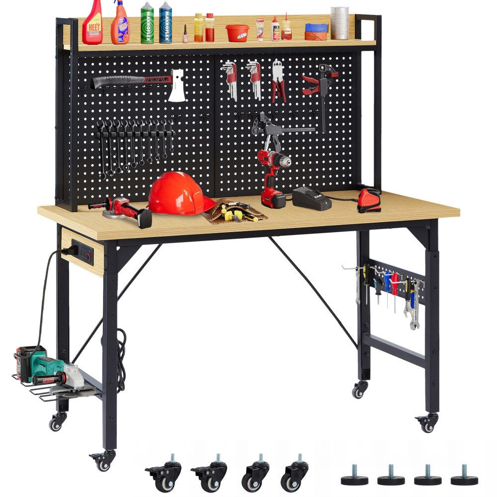 BBG Werkbank Werkbank 120x60 cm höhenverstellbar – ideal für Heimwerker & Garage, (700 kg Tragkraft, mit Steckdosenleiste (3x AC, USB, USB-C), Lochwand mit 18 Haken, rollbar oder mit Standfüßen, Holz-Arbeitsplatte