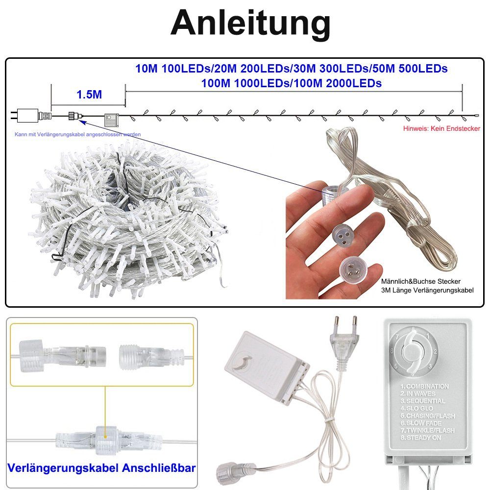 Rosnek Party LED-Lichterkette Deko mit 10M-100M, Weihnachten 8 Blau modi, Wasserdicht, Hochzeit, Für Speicherfunktion, Schlafzimmer 3M-Verlängerungskabel,