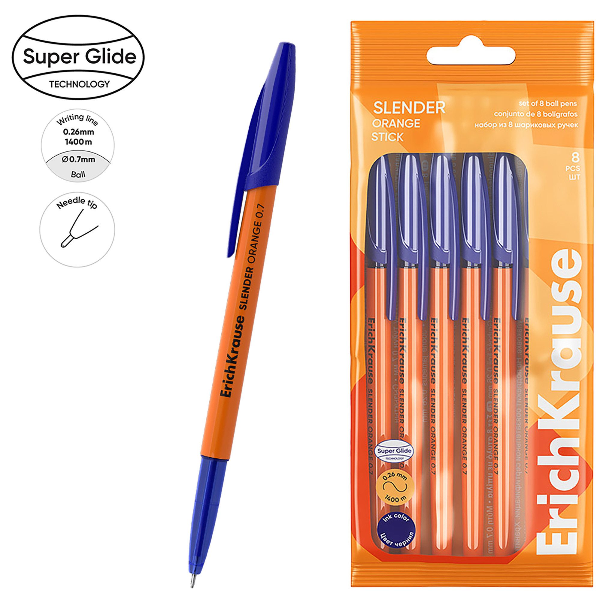 Erich Krause Kugelschreiber, Kugelschreiber Slender Orange Stick 0,26mm 8er Set Blau