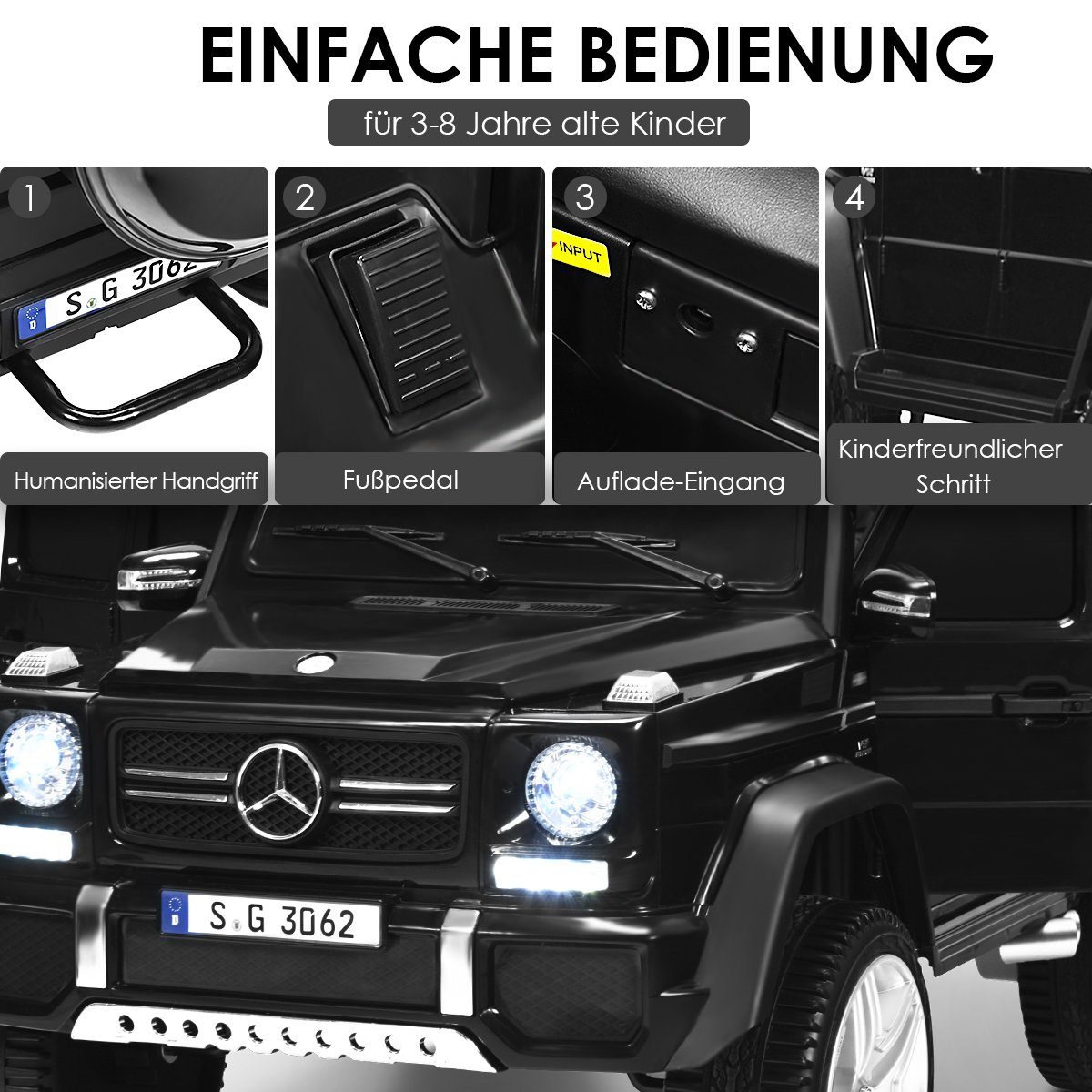Elektro-Kinderauto mit COSTWAY 2,5-5,5km/h LED, Mercedes & Benz, Schwarz Musik