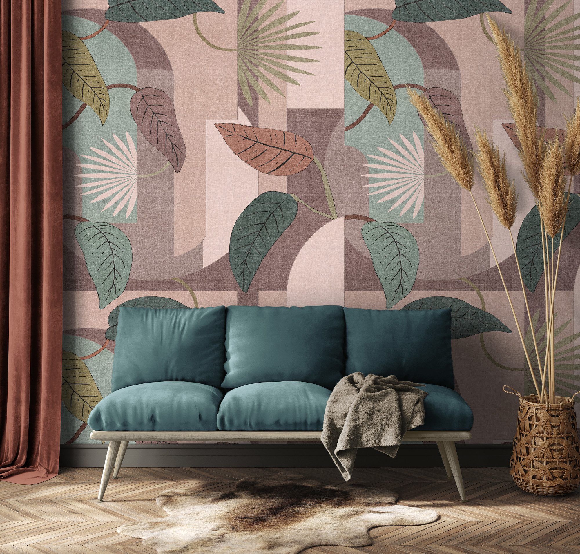 living walls Vliestapete LIMITED – Retro Blätter Collage Fototapete, leicht strukturiert, grafisch, mehrfarbig, Retro, (3 St), Grafische Blätter und Flächen im farbstarken Retro-Look