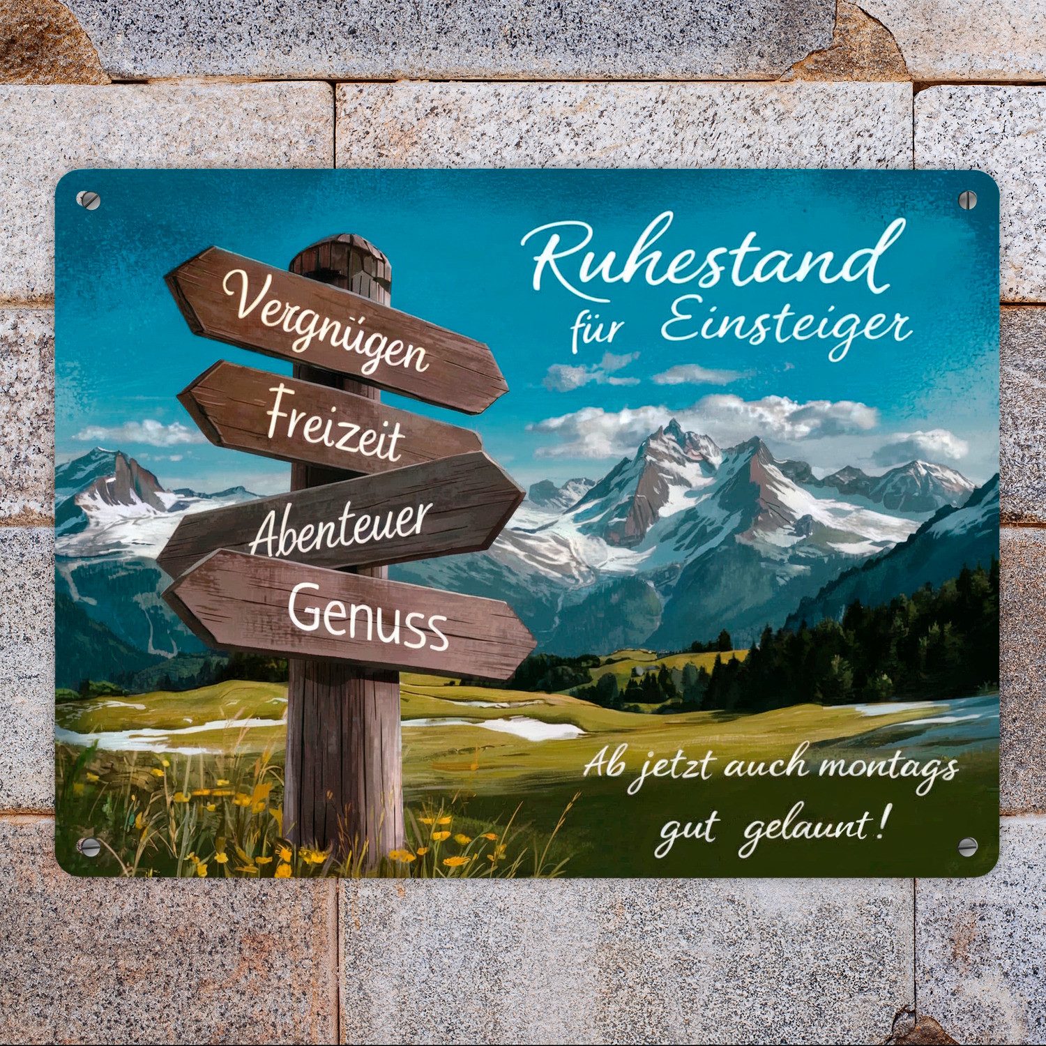 speecheese Metallschild Hölzerner Wegweiser Ruhestand für Einsteiger Metall günstig online kaufen