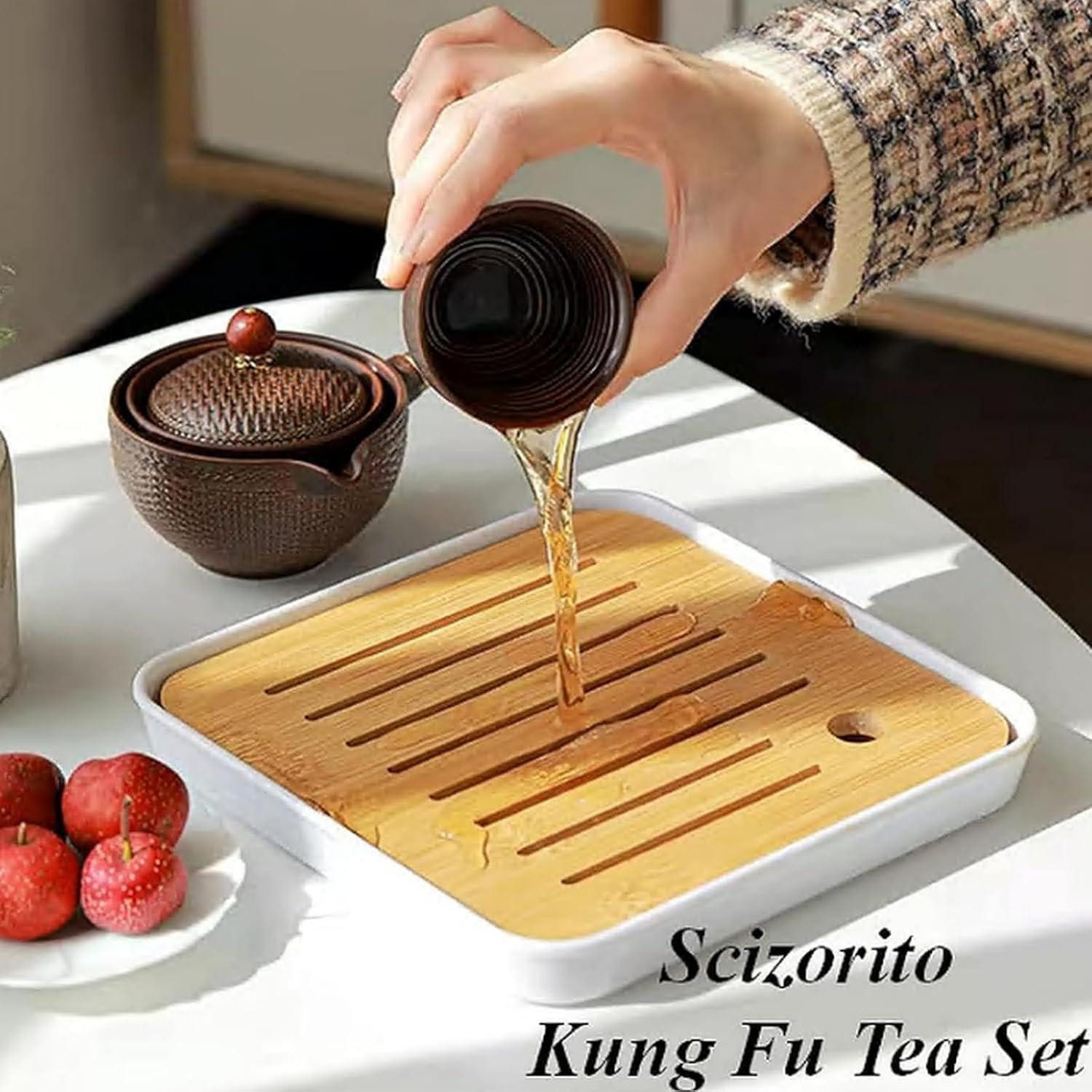 LuxusKollektion Teeservice Tee Set Keramik Kungfu Teekanne 360 4 Teetassen Bambusweben – Bild 4 von 5
