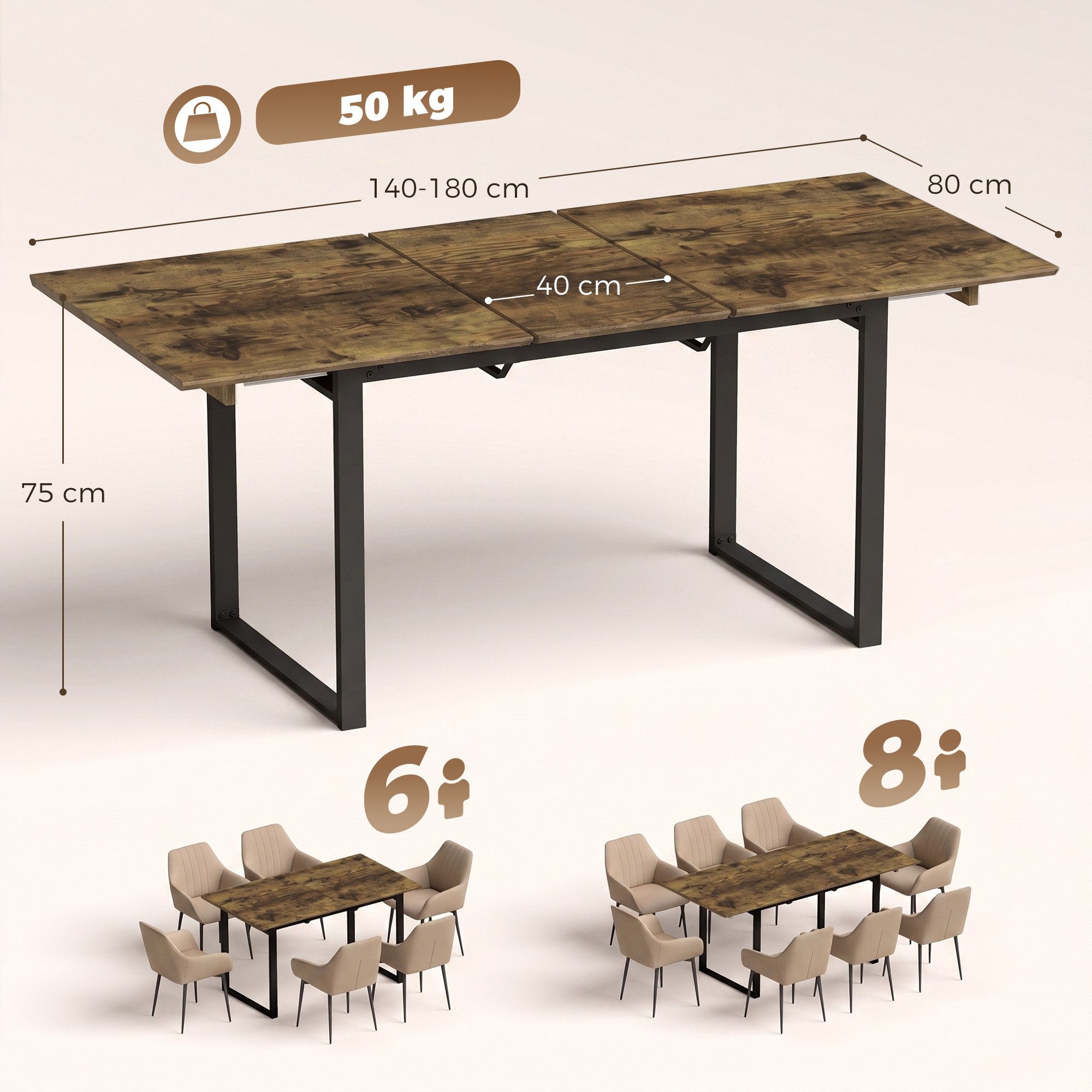 HOMCOM Esstisch ausziehbar Industrial Tisch mit Tischbeine aus Stahl für 6-8 Personen (Esszimmertisch, 1-St., Küchentisch), für Esszimmer, Küche, Rustikal-Braun – Bild 3 von 5