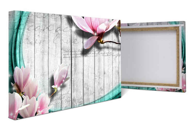 wandmotiv24 Leinwandbild Holz Blüten türkis, Abstrakt (1 St), Wandbild, Wanddeko, Leinwandbilder in versch. Größen
