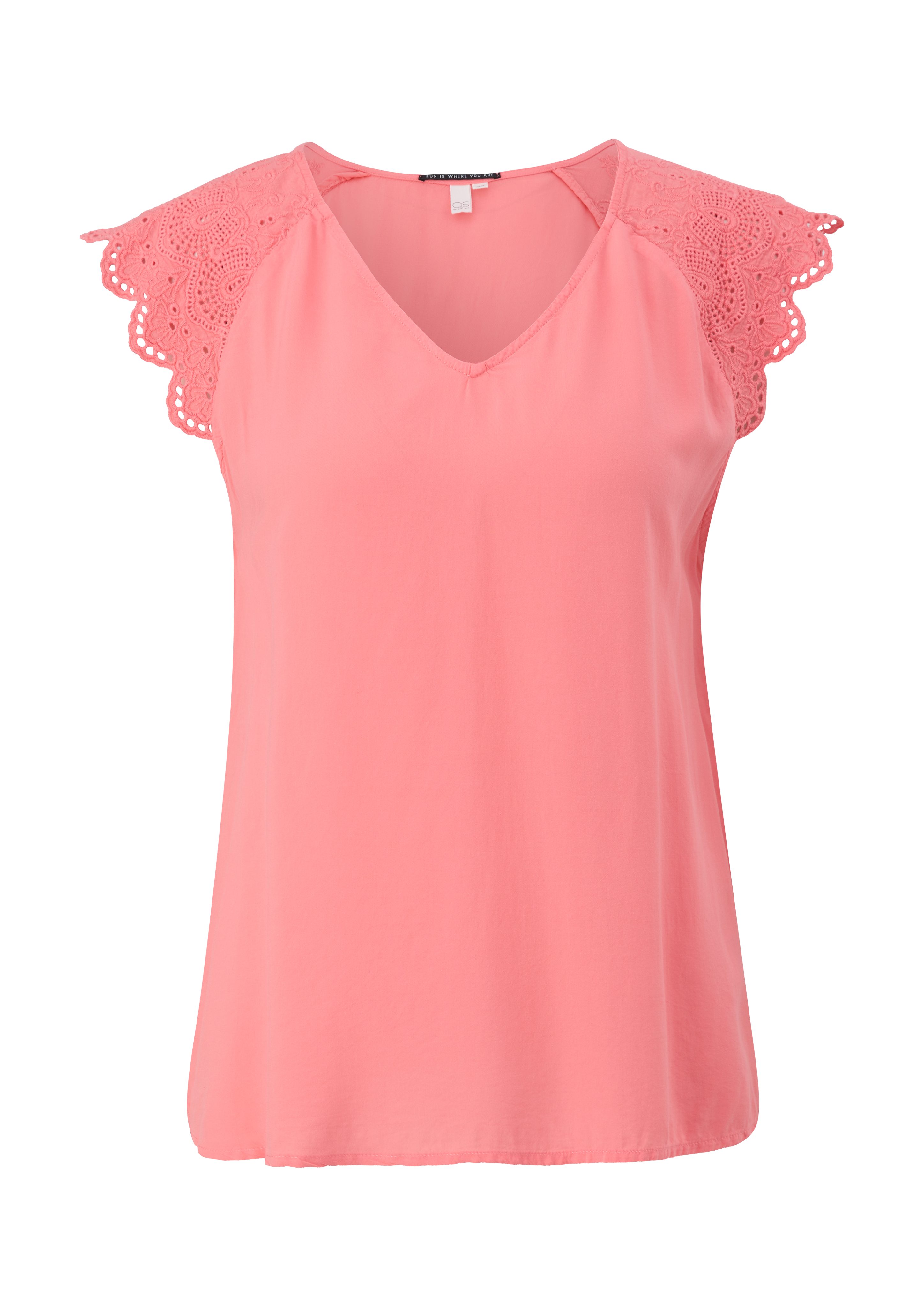 mit Broderie koralle Blusentop Bluse QS Anglaise