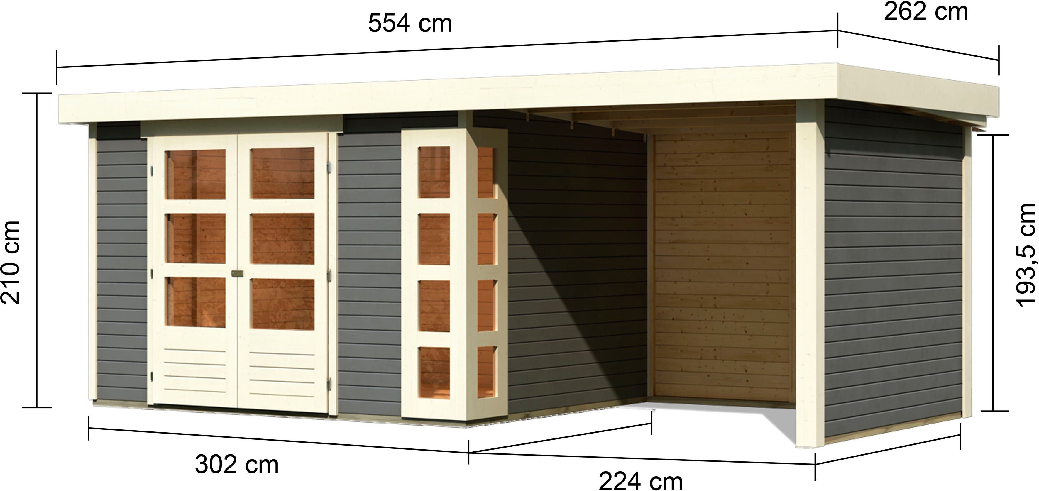 Rückwand und Seiten- 554x262 Karibu mit cm, Kerko terragrau BxT: Anbaudach, 5, Gartenhaus