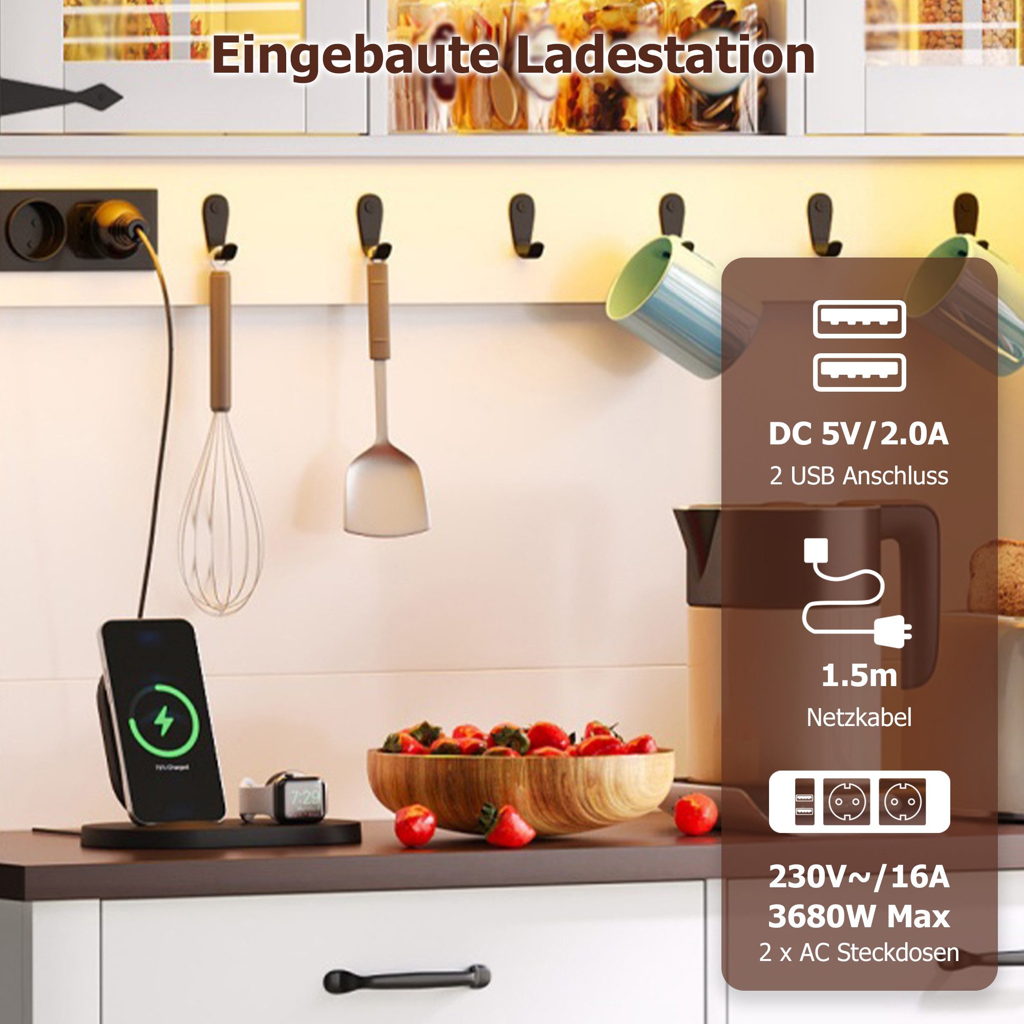 BlingBin Sideboard Küchenbuffet mit Steckdose und LED-Beleuchtung,181 × 108 × 40 cm,Weiß (3 Packung, 1 St., mit 6 Schubladen, verstellbare Einlegeböden, Haken), Küchenmöbel mit Arbeitsplatte,für Esszimmer, Wohnzimmer und Küche