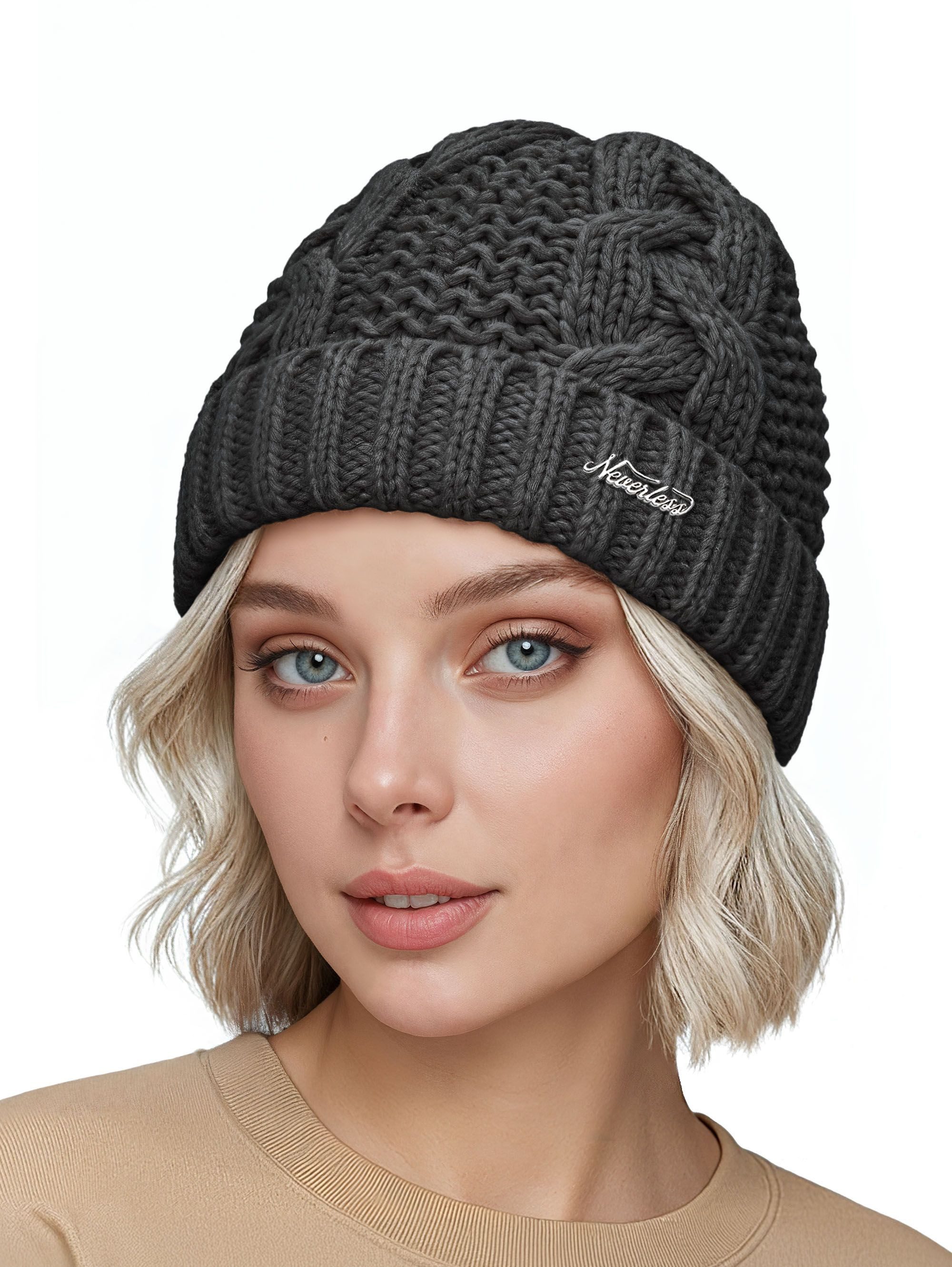 Strickmütze Damen Wintermütze Strickmütze Umschlag Zopfstrickmuster mit Fleece