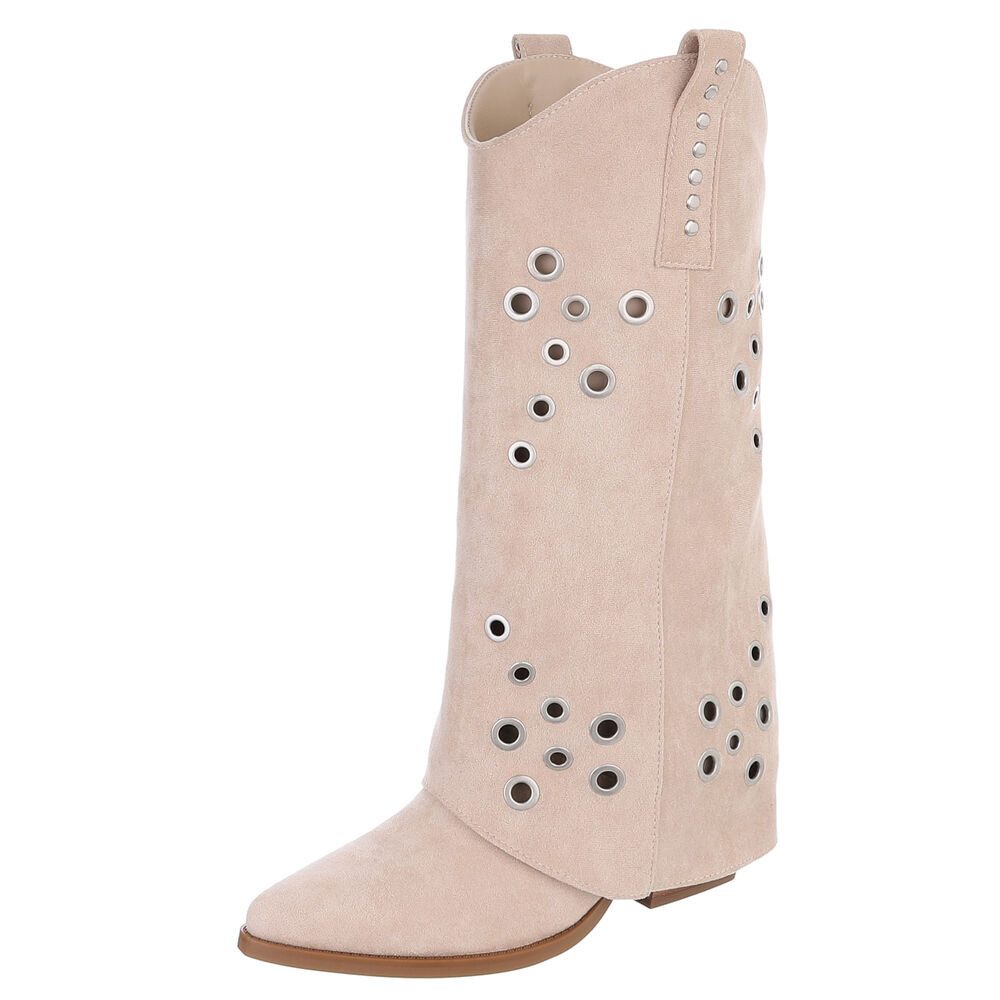 Ital-Design Modische Stiefel mit Metallösendetails für Damen Westernstiefel (91261272) Blockabsatz Stiefel in Beige