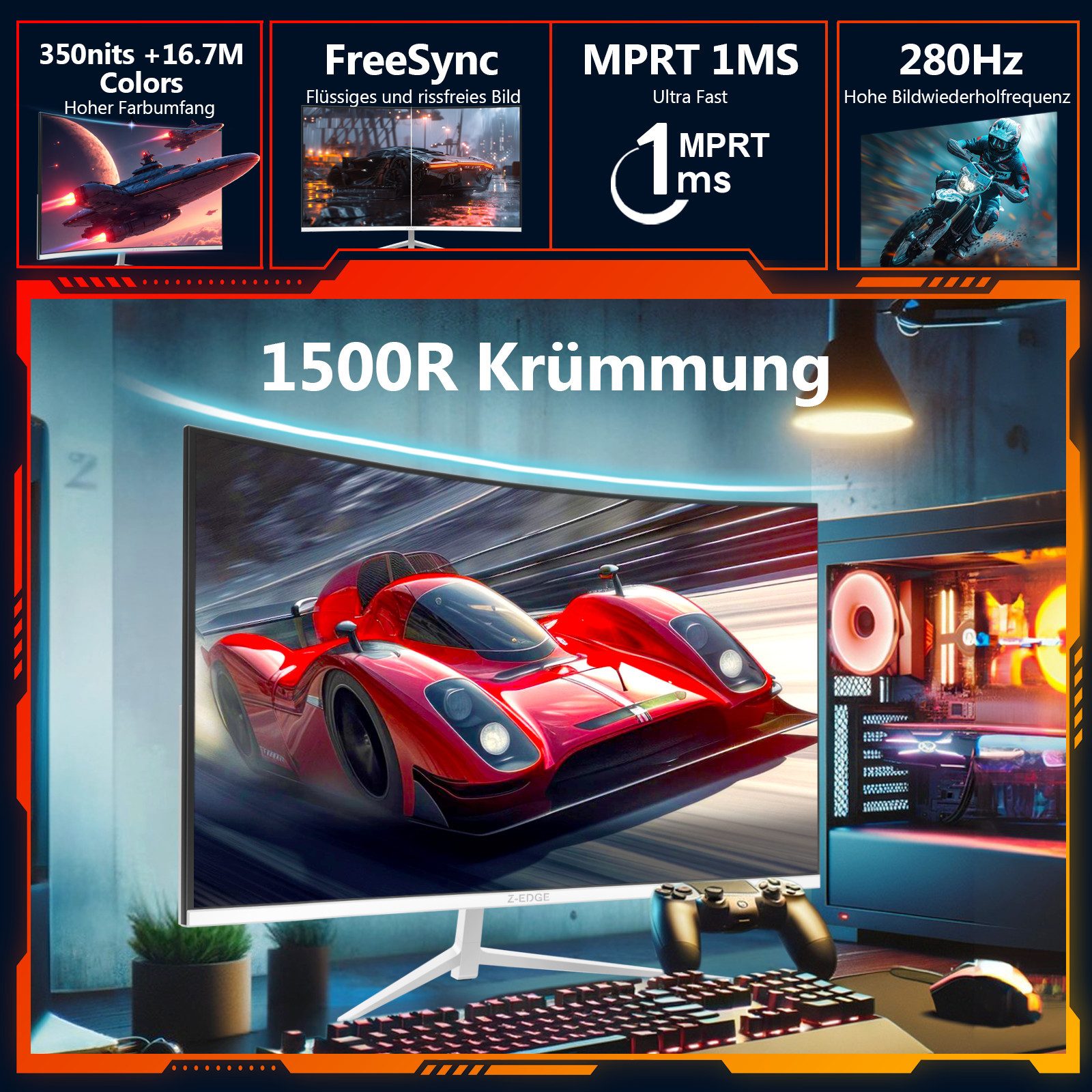 Z-EDGE 27" 280Hz FHD 1080P 1ms 16:9 1500R Curved-Gaming-Monitor (1920x1080 px, Full HD, 1 ms Reaktionszeit, 280 Hz, VA)