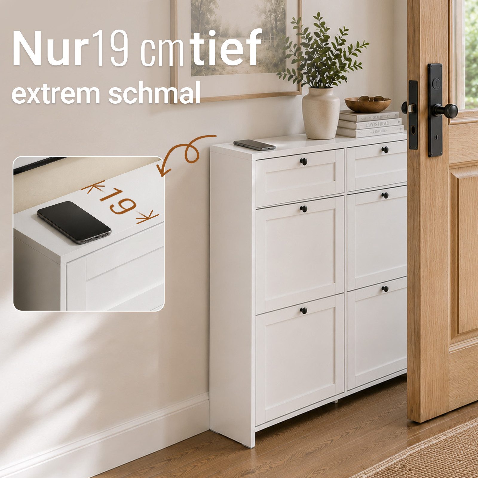 SoBuy Schuhkipper FSR207, Schuhschrank schmal, Schuhregal Schuhkommode, EXTREM SCHMAL, Schuhschrank mit Klappen, mit Schubladen, 19cm tief, für schmale Flure