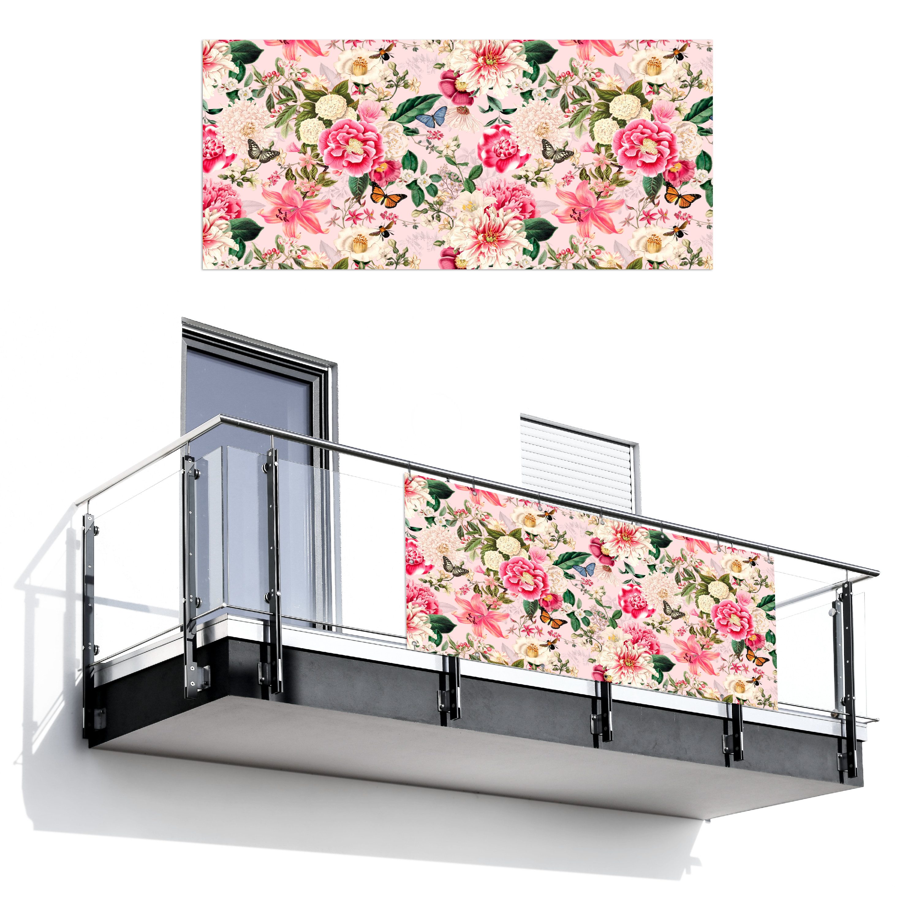 MuchoWow Balkonsichtschutz Blumen - Schmetterlinge - Rosa (1-St) Balkon Sichtschutz 90x200, Windschutz für Zaun PVC, 200x90 cm