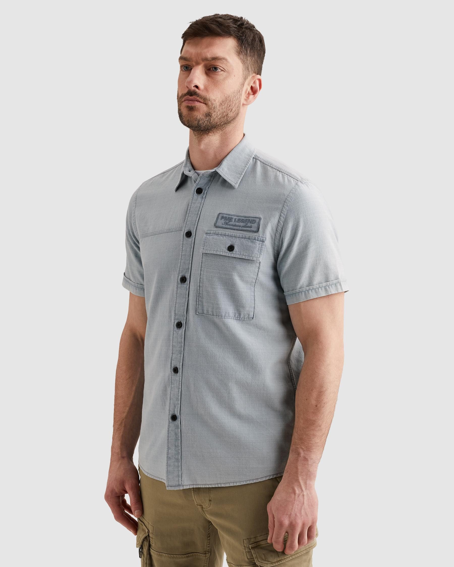 PME LEGEND Kurzarmhemd Short Sleeve Shirt Indigo yarn dyed stripe mit Logo Stickerei