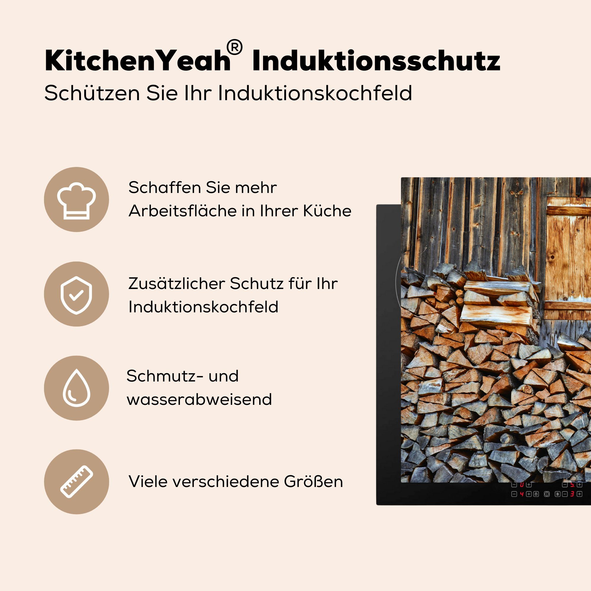 die Herdblende-/Abdeckplatte Brennholz MuchoWow für (1 eine küche, für Schutz Vinyl, 81x52 cm, Ceranfeldabdeckung Holzwand, tlg), Induktionskochfeld