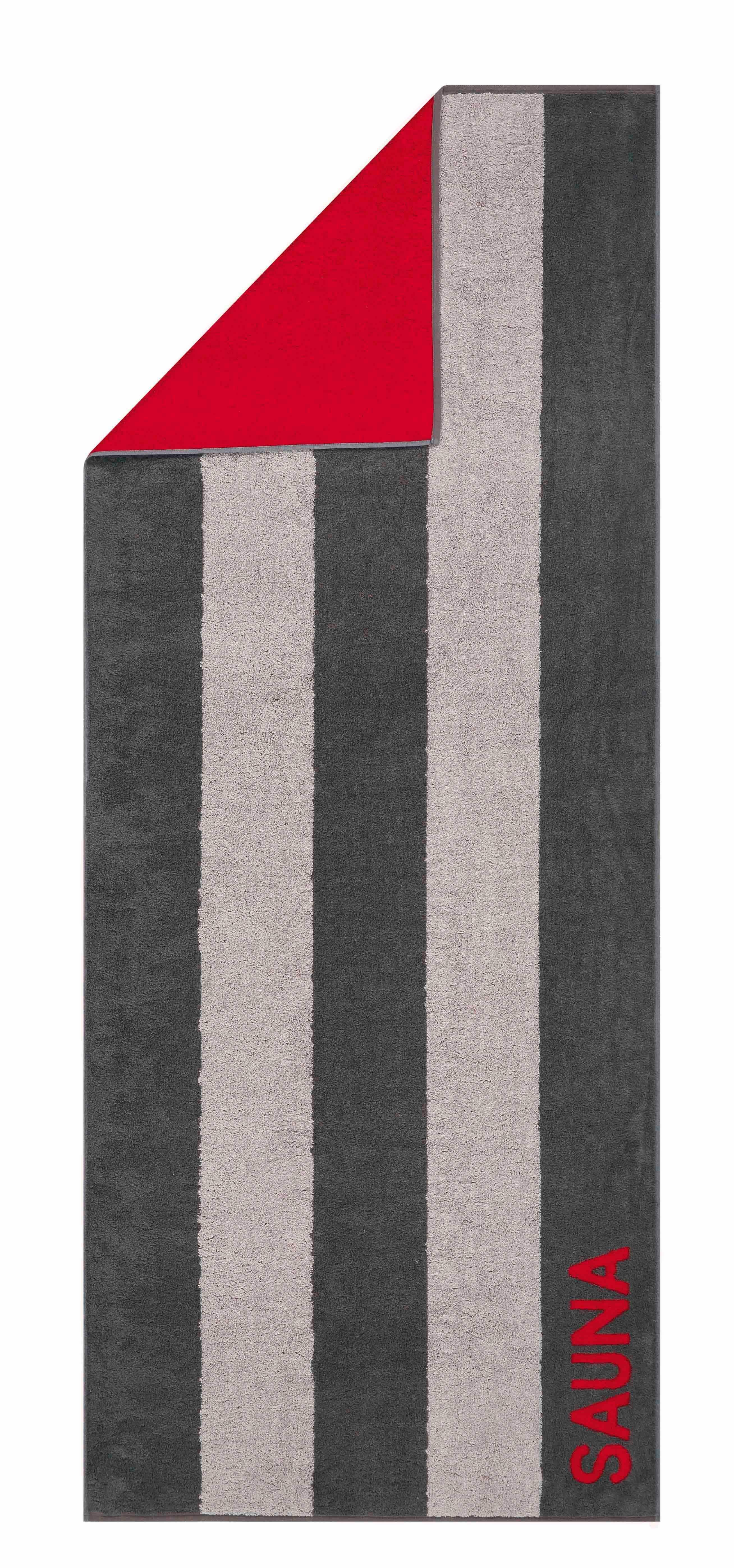gestreift reine Baumwolle Saunatuch anthrazit-rot Wendeseite, Sauna abgesetzter cm, Walkfrottee mit Doubleface, Cawö (1-St), 80x200