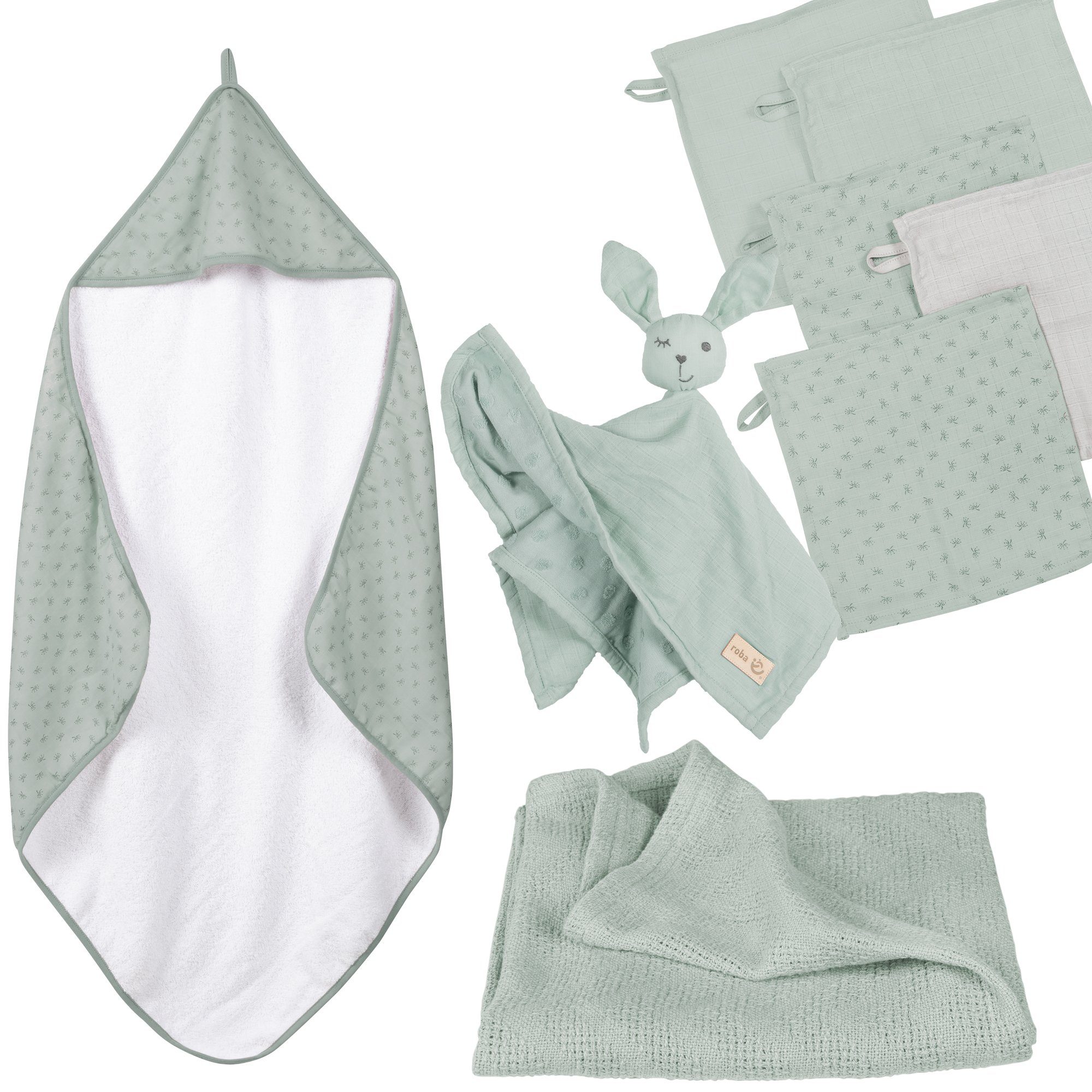 Planet Neugeborenen-Geschenkset Lil frosty Waschlappen, Schmusetuch & roba® Decke green Handtuch,