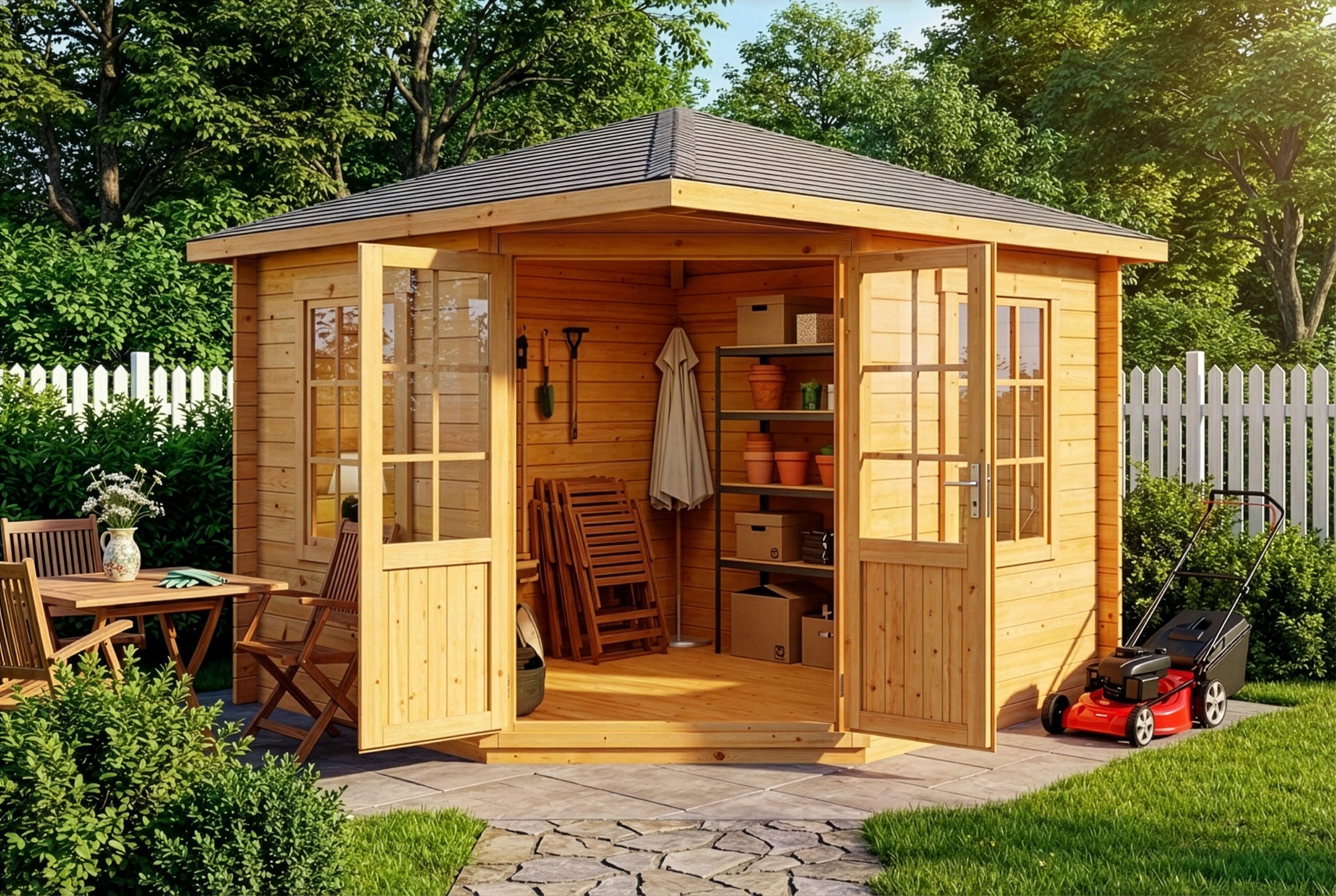 Alpholz Gartenhaus Holz 5-Eck Monica, BxT: 320x320 cm, in Imprägniert (Pinie) mit 28mm Wandstärke