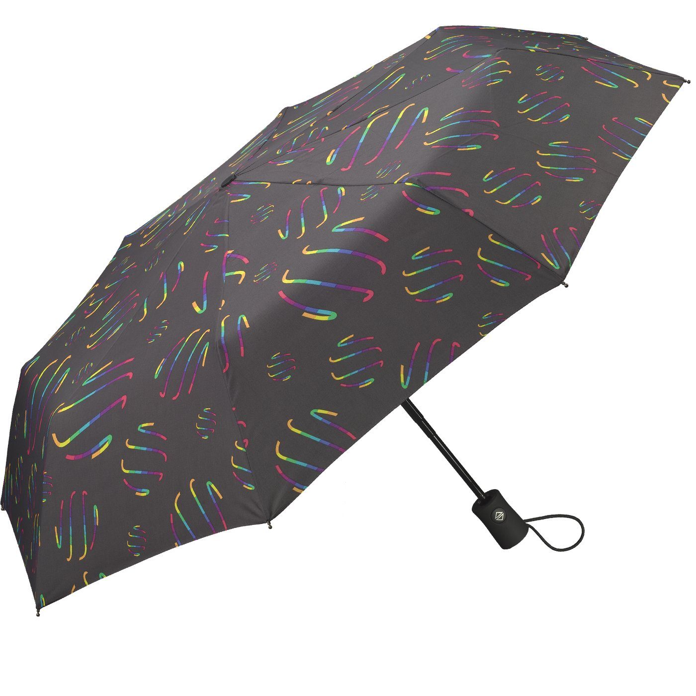 HAPPY RAIN Taschenregenschirm schöner Damen-Regenschirm mit Auf-Zu-Automatik, verspielte Regenbogen-Wirbel auf dunklem Grund